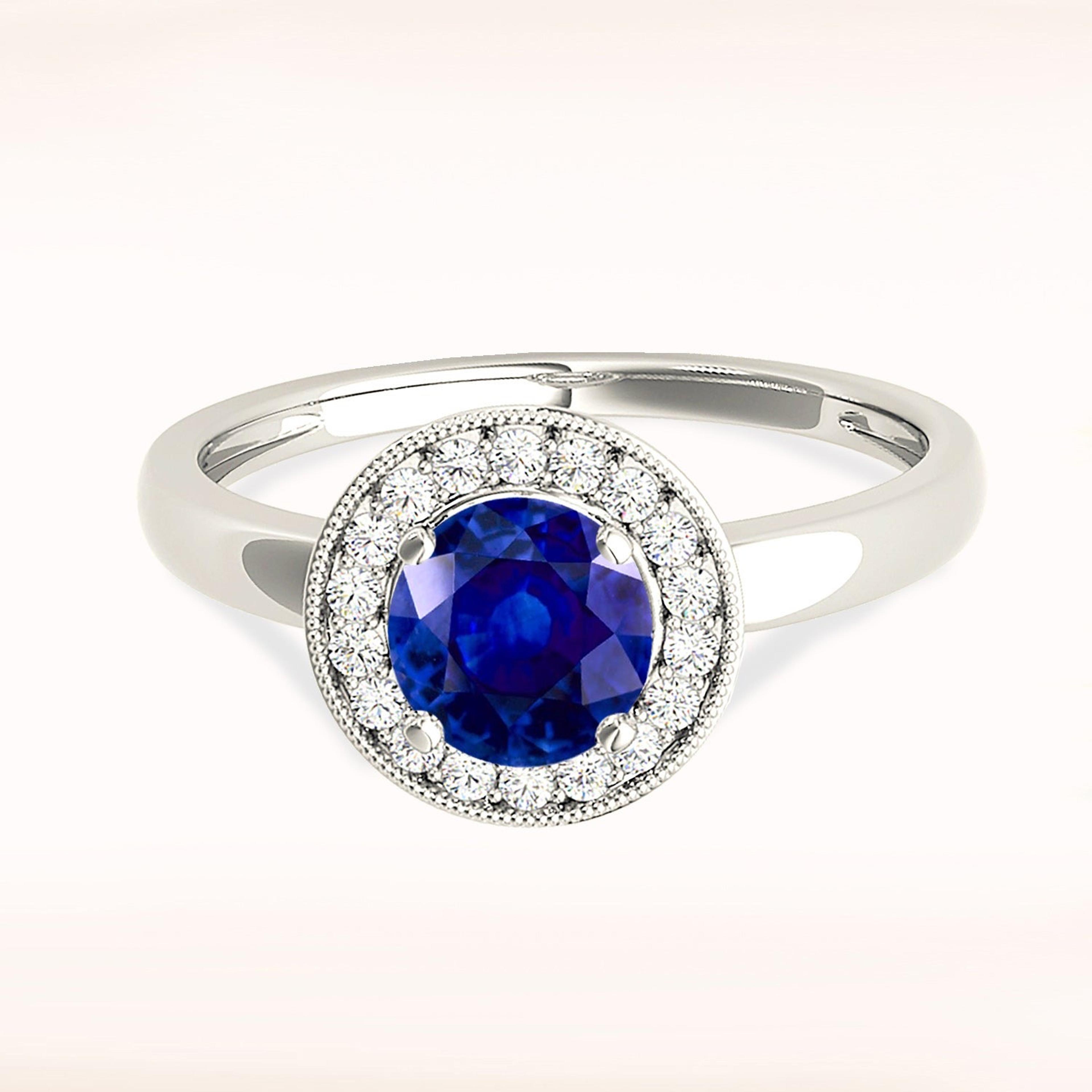 1.35 ct. Genuine Blue Sapphire Solitaire Milgrain Halo Ring With 0.20 ctw Side Diamonds-VIRABYANI