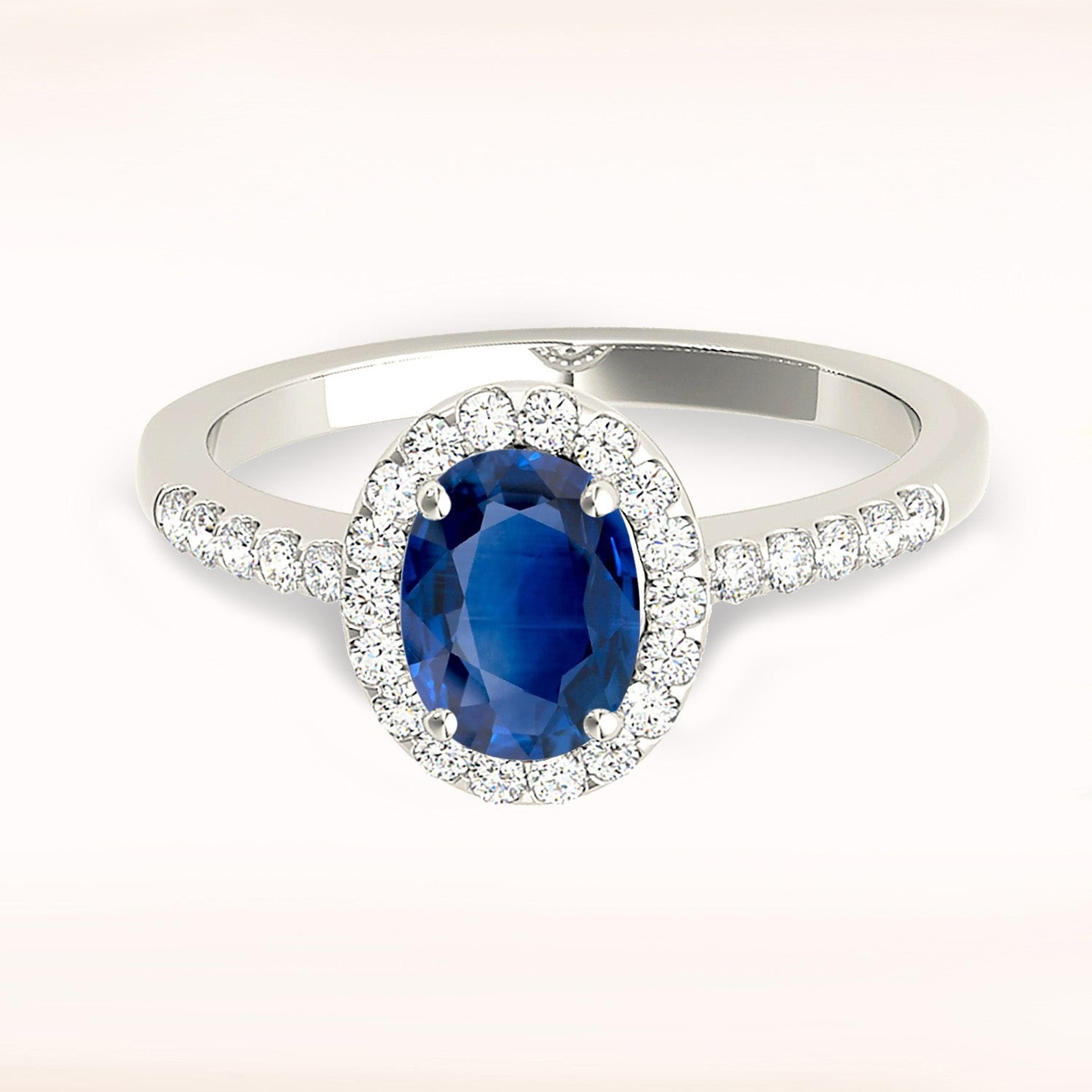 1.51 ct. Genuine Blue Oval Sapphire Ring With 0.25 ctw. Diamond Halo, Delicate Diamond Band, Filigree Basket | Sapphire And Diamond Ring-VIRABYANI
