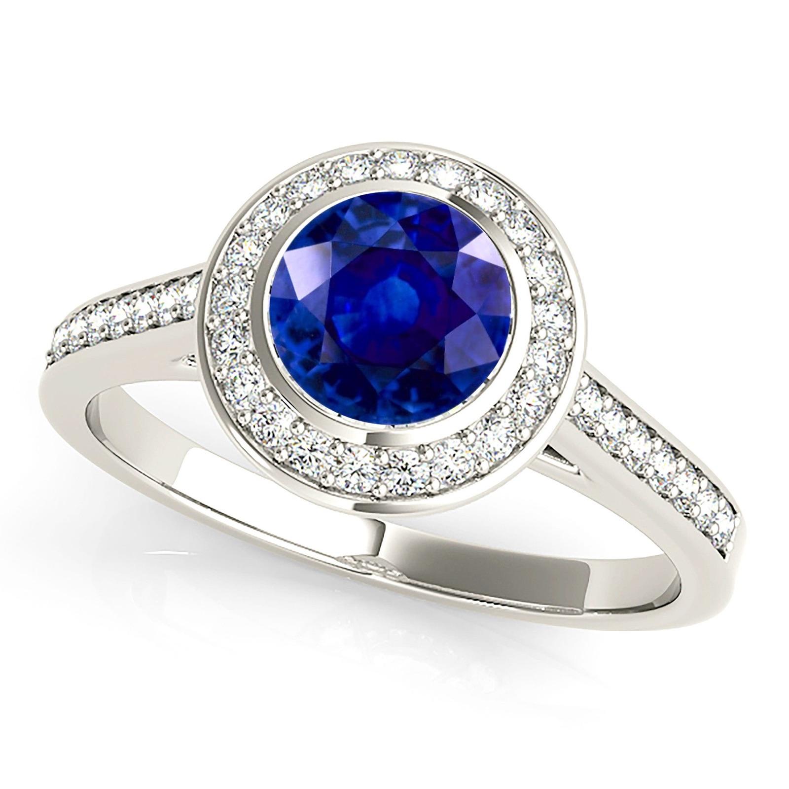 1.35 ct. Genuine Blue Sapphire Halo Ring With 0.25 ctw. Under Halo And Side Diamonds-VIRABYANI