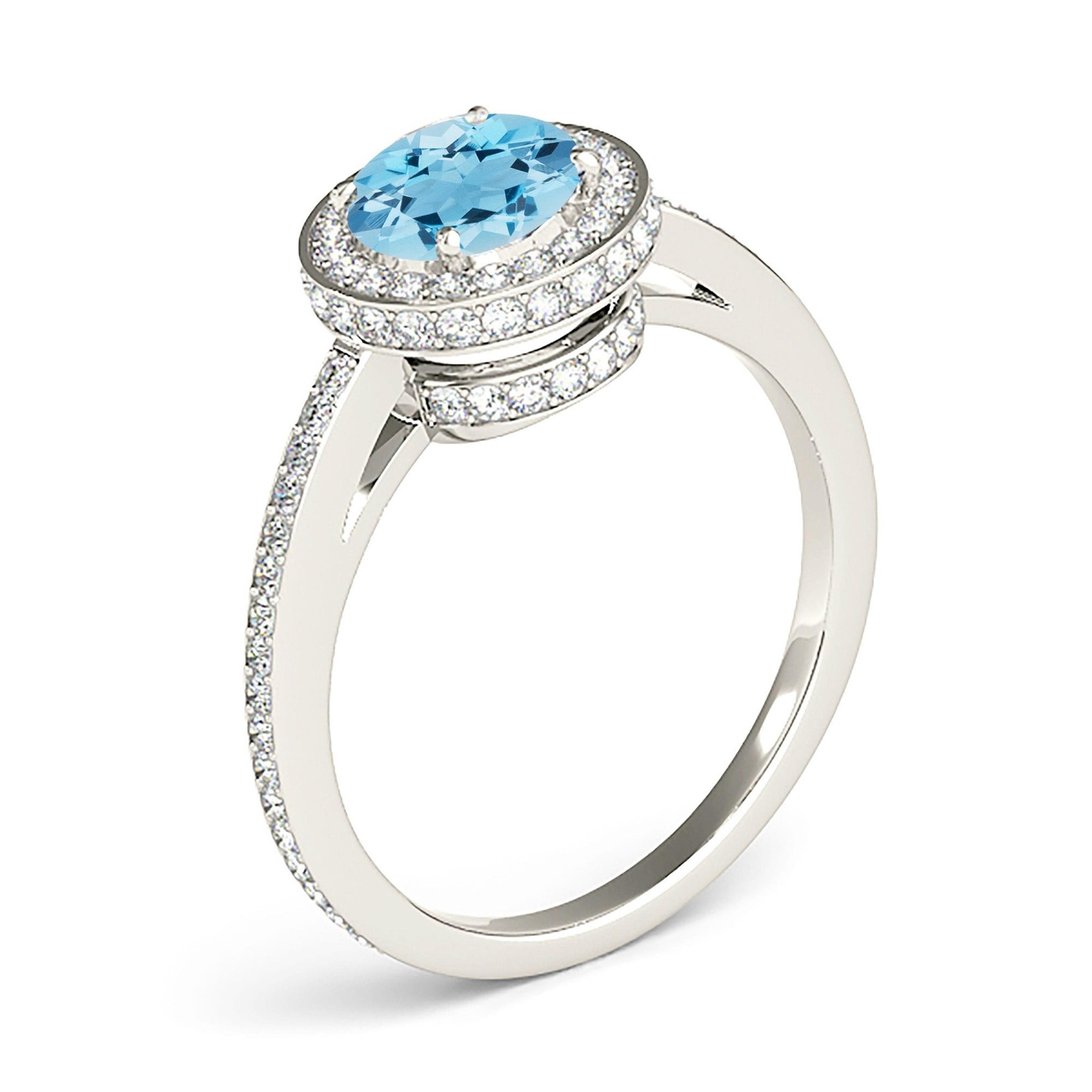 2.00 ct. Genuine Aquamarine Ring With 0.50 ctw. Diamond Halo And Delicate Diamond Band| Round Blue Aquamarine Halo Ring-VIRABYANI