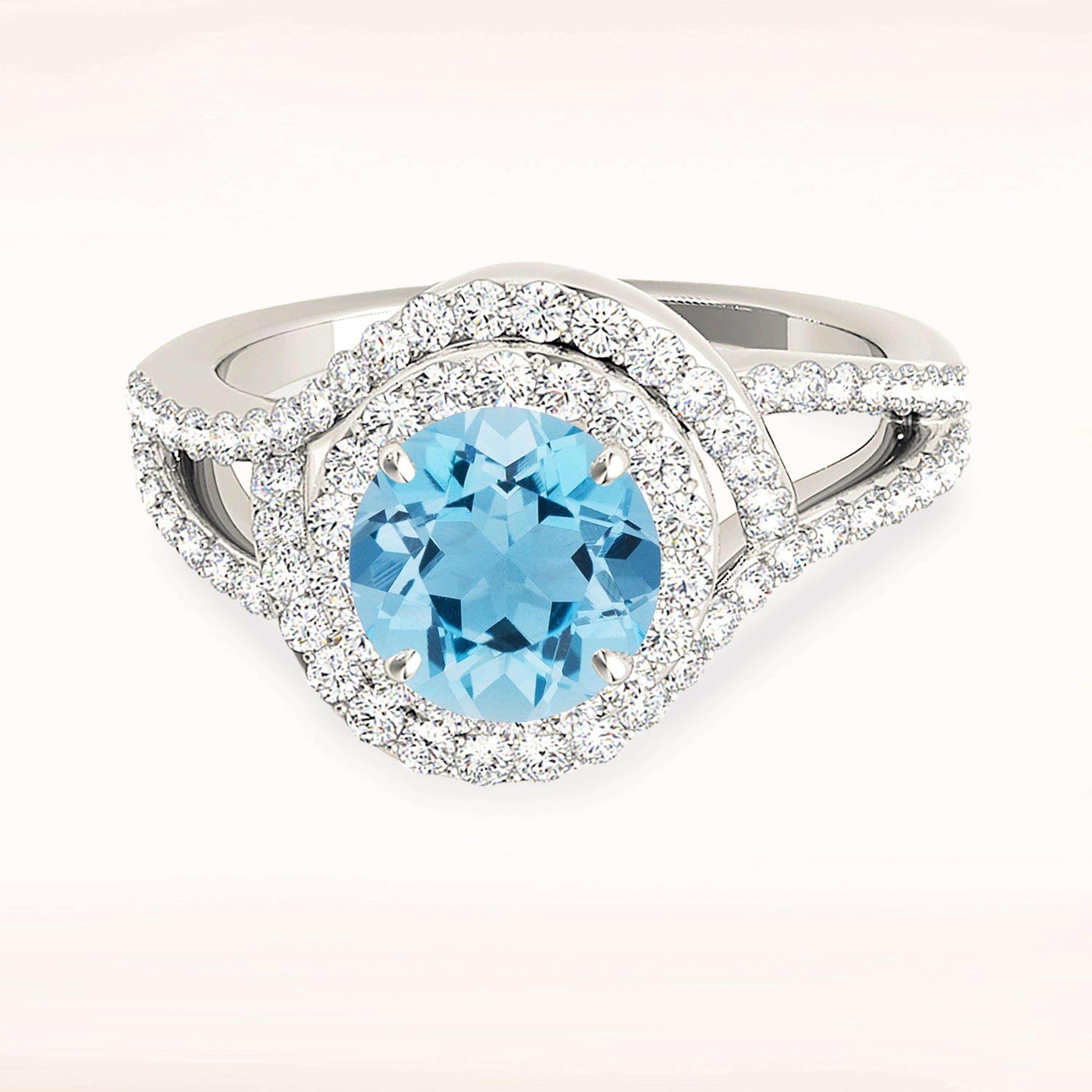 1.75 ct. Genuine Aquamarine Ring With 0.80 ctw. Diamond Wraparound Halo And Split Shank| Round Blue Aquamarine Halo Ring-VIRABYANI