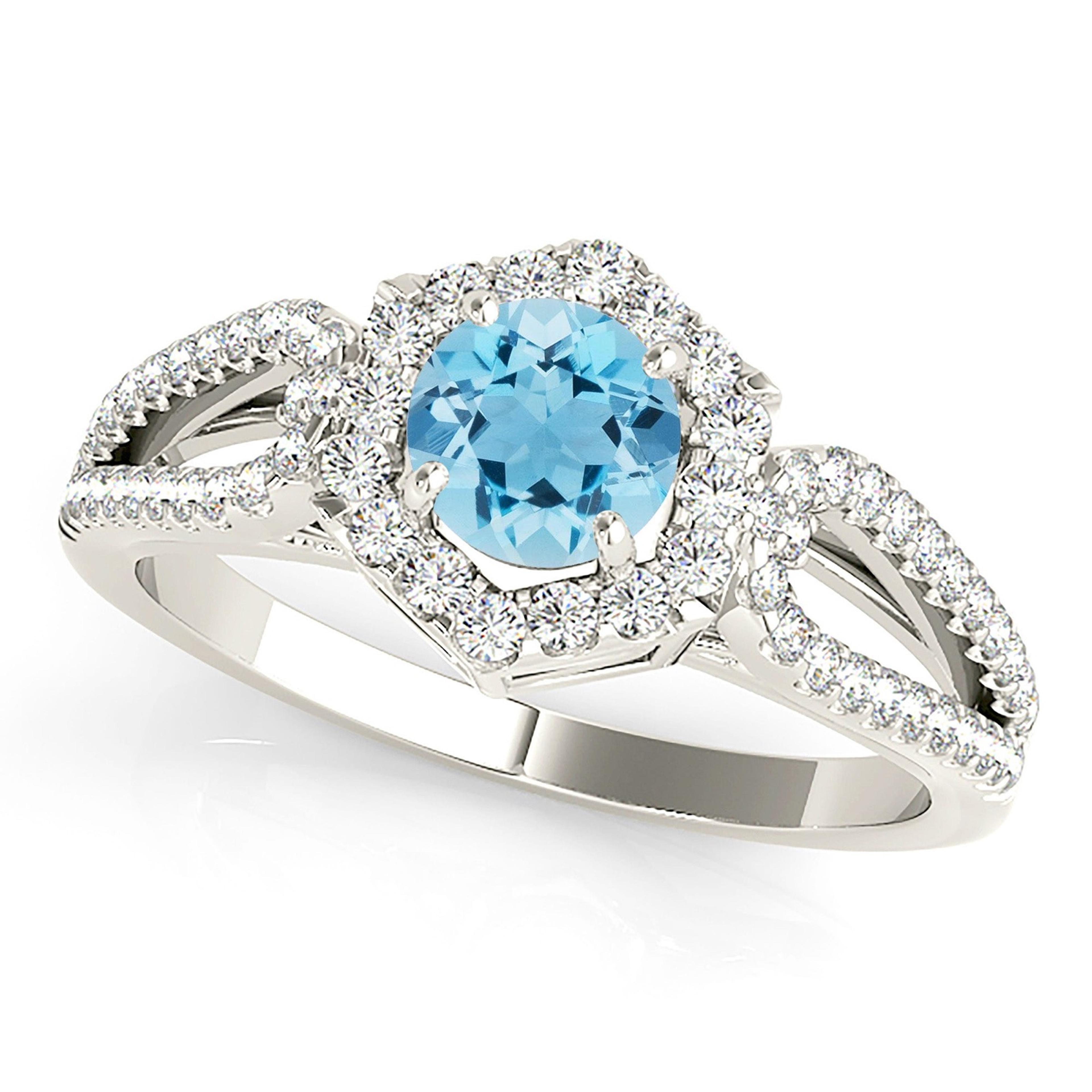 1.10 ct. Genuine Aquamarine Ring With 0.40 ctw. Diamond Hexagon Shape Halo, Open Rounded Diamond band | Round Blue Aquamarine Halo Ring-VIRABYANI