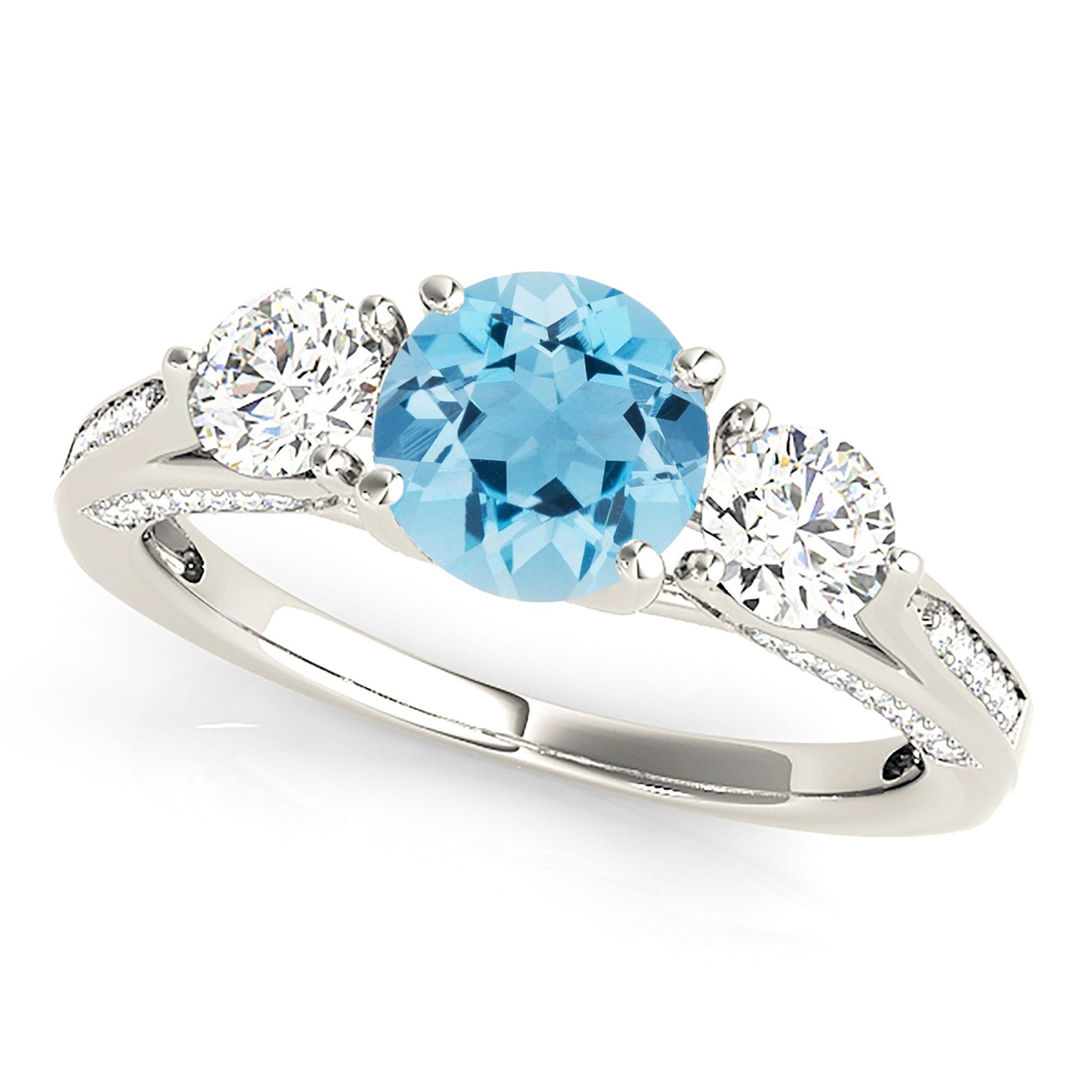 1.10 ct. Genuine Aquamarine Three Stone Ring With 0.75 ctw. Side and Accent Diamonds-VIRABYANI