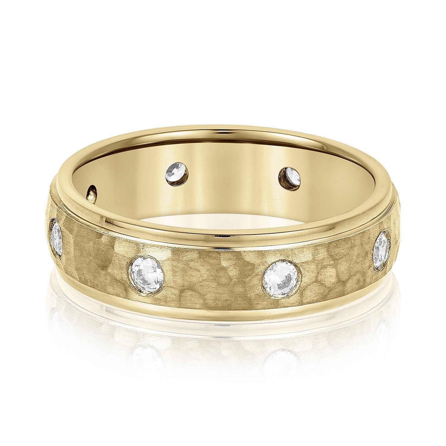 Bezel Set Diamond Hammered Men's Wedding Band