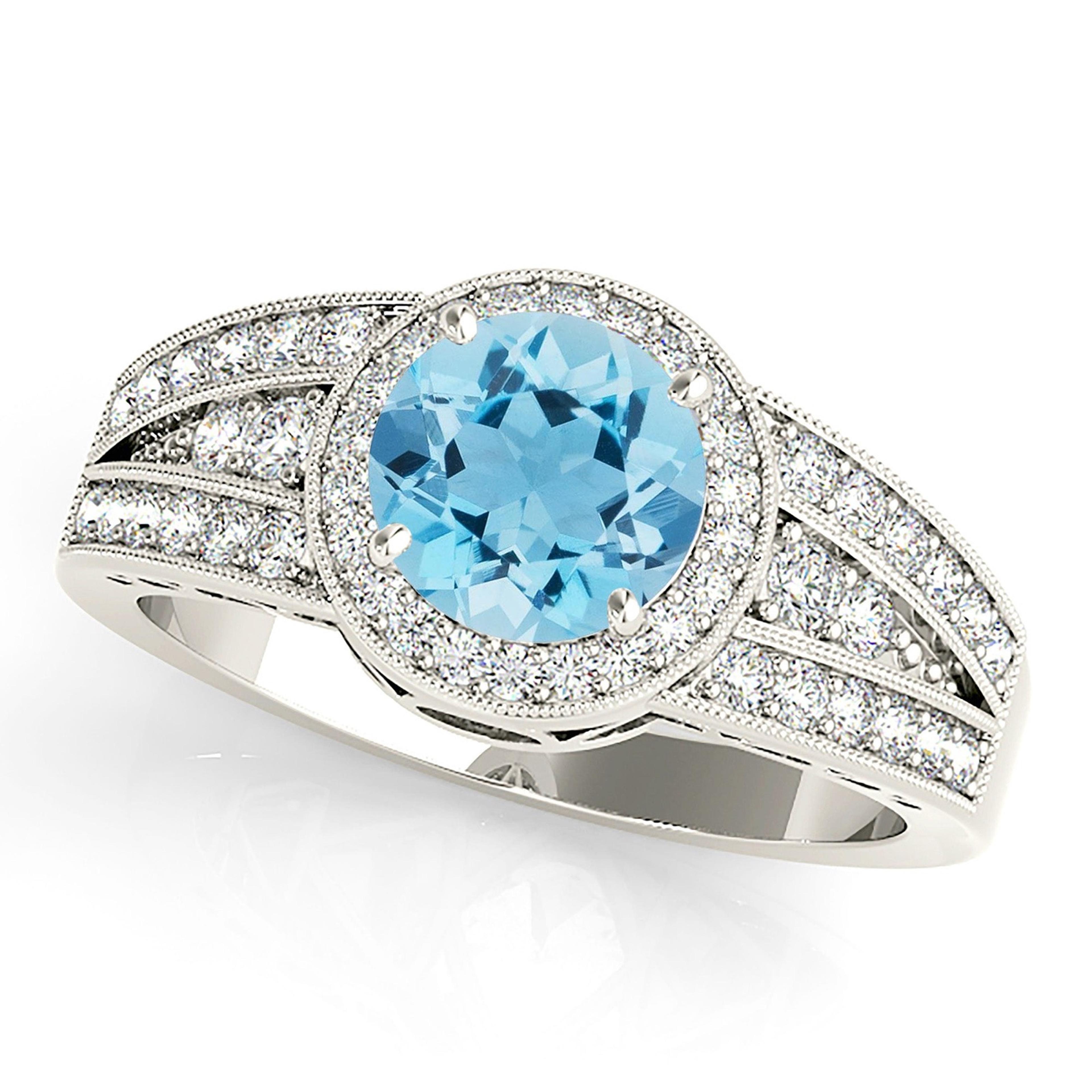 1.10 ct. Genuine Aquamarine Ring With 0.40 ctw. Diamond Halo, Graduating Diamond Band, Hand Carved Gallery| Round Blue Aquamarine Halo Ring-VIRABYANI