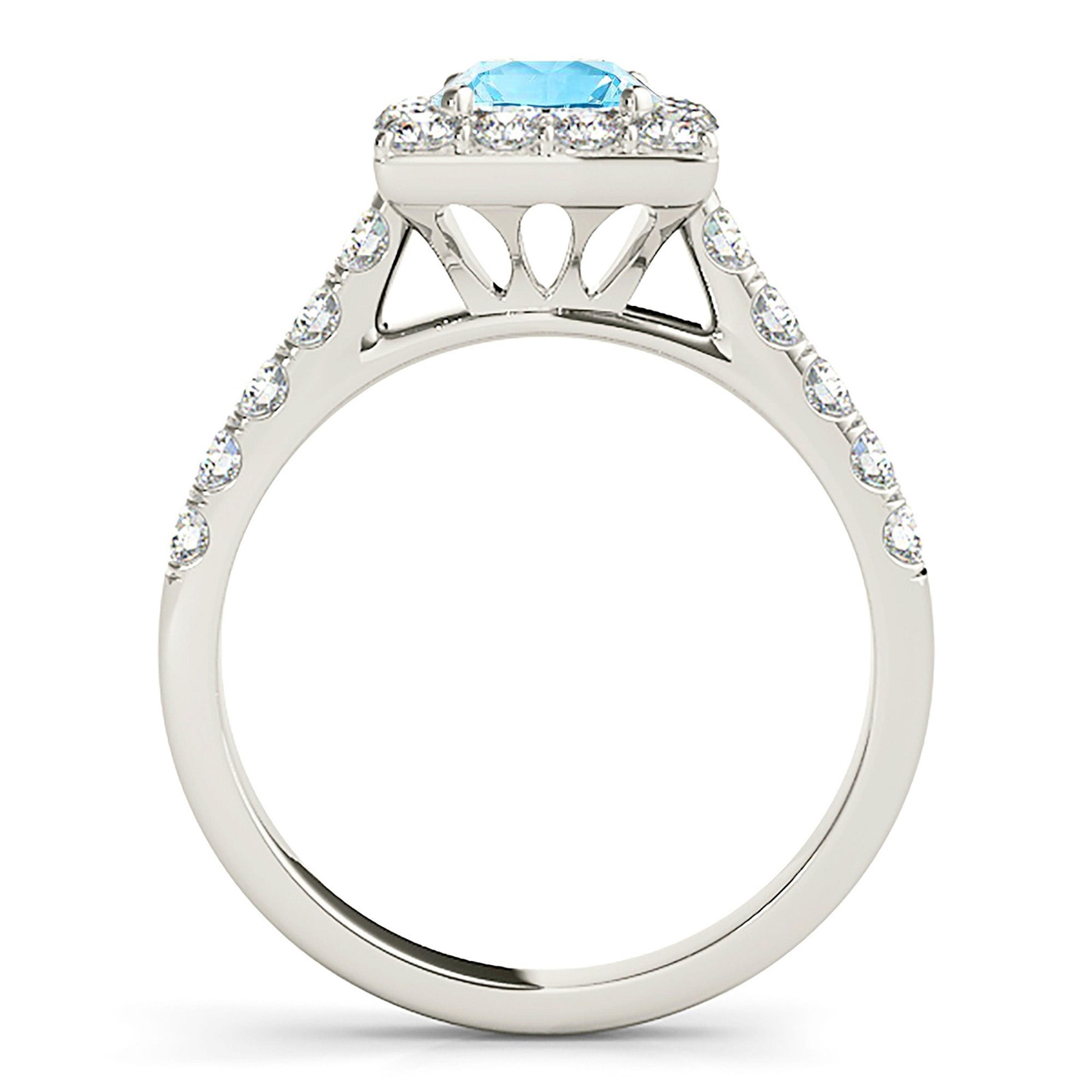 1.10 ct. Genuine Aquamarine Ring With 0.75 ctw. Diamond Square Halo And Diamond Band | Round Blue Aquamarine Halo Ring-VIRABYANI