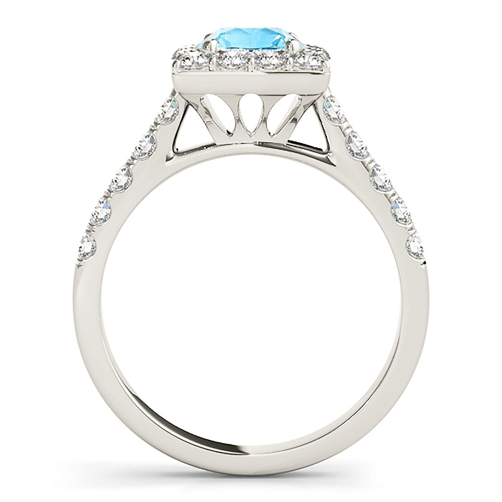 1.10 ct. Genuine Aquamarine Ring With 0.75 ctw. Diamond Square Halo And Diamond Band | Round Blue Aquamarine Halo Ring-VIRABYANI