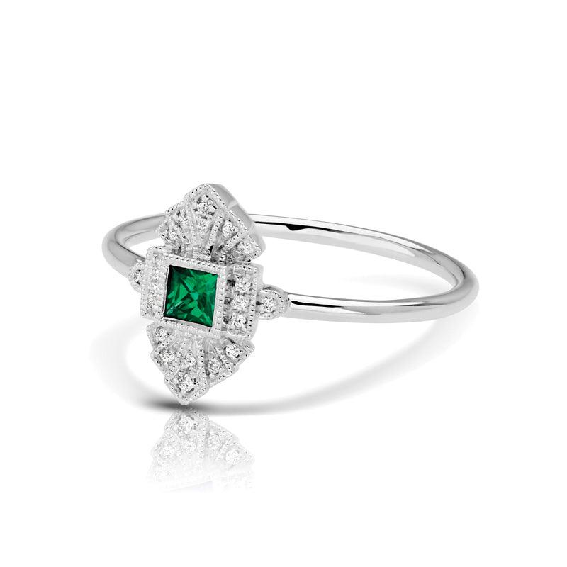 Vintage Inspired 0.16 ct. Natural Princess Cut Emerald Ring With 0.05 ct. Diamonds, Antique Design-VIRABYANI
