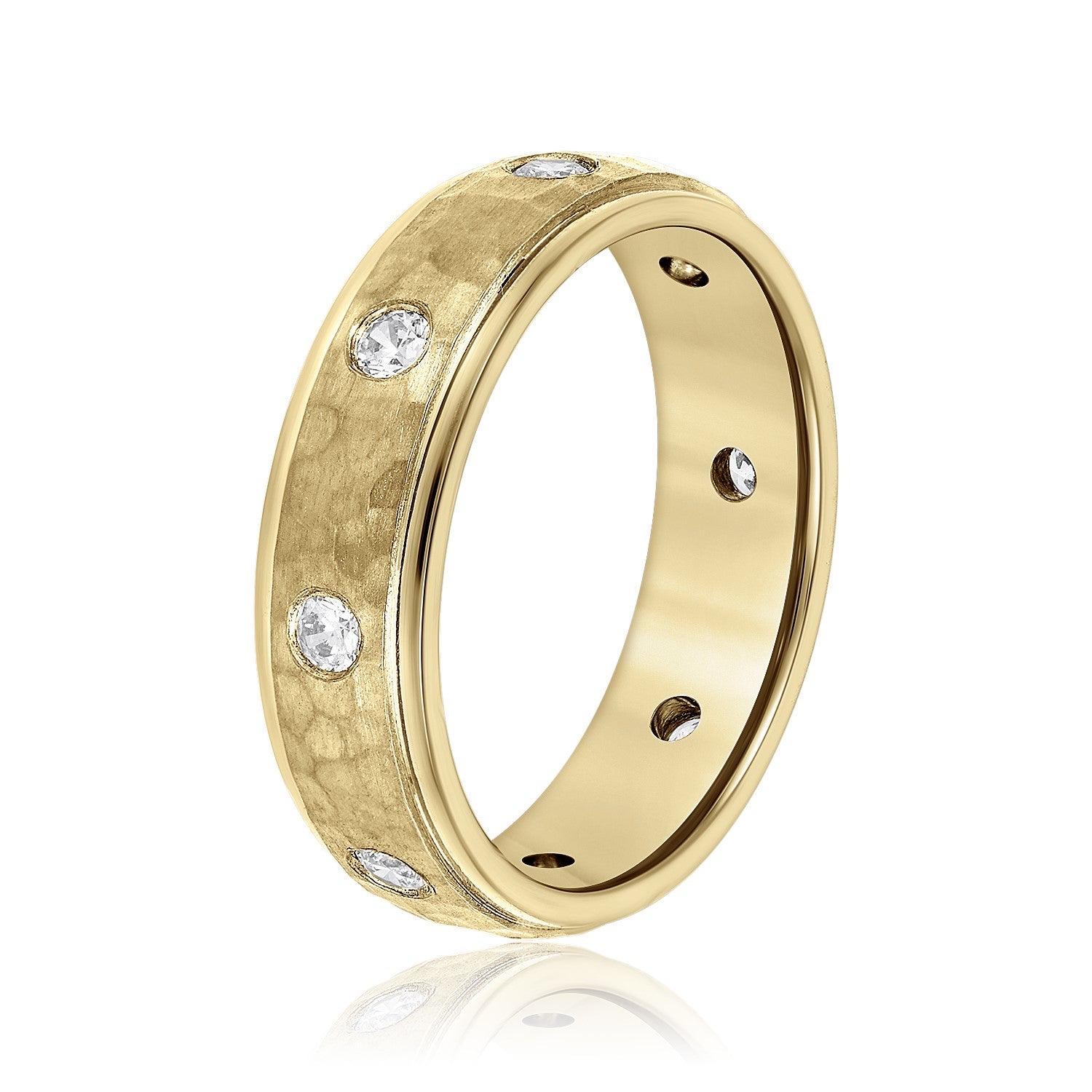 Bezel Set Diamond Hammered Men's Wedding Band