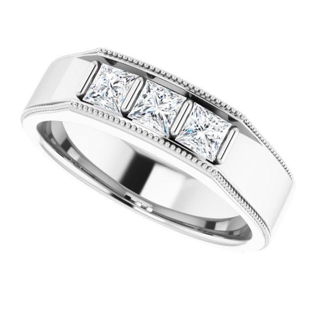 Three Stone 1.0 ctw Bar Set Princess Diamond Men's Ring Milgrain Accent
