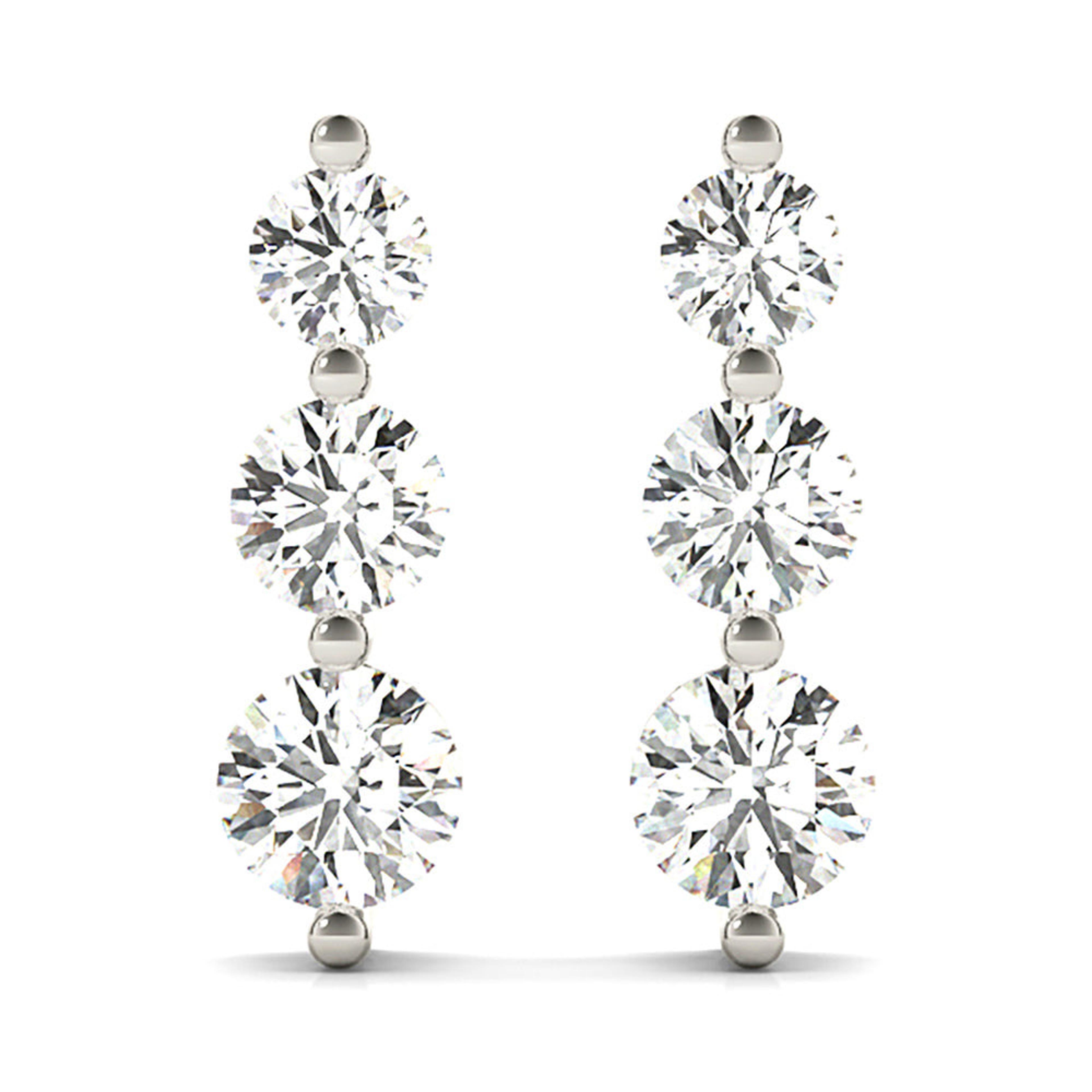 1.00 ctw Diamond Three Stone Drop Earrings-VIRABYANI