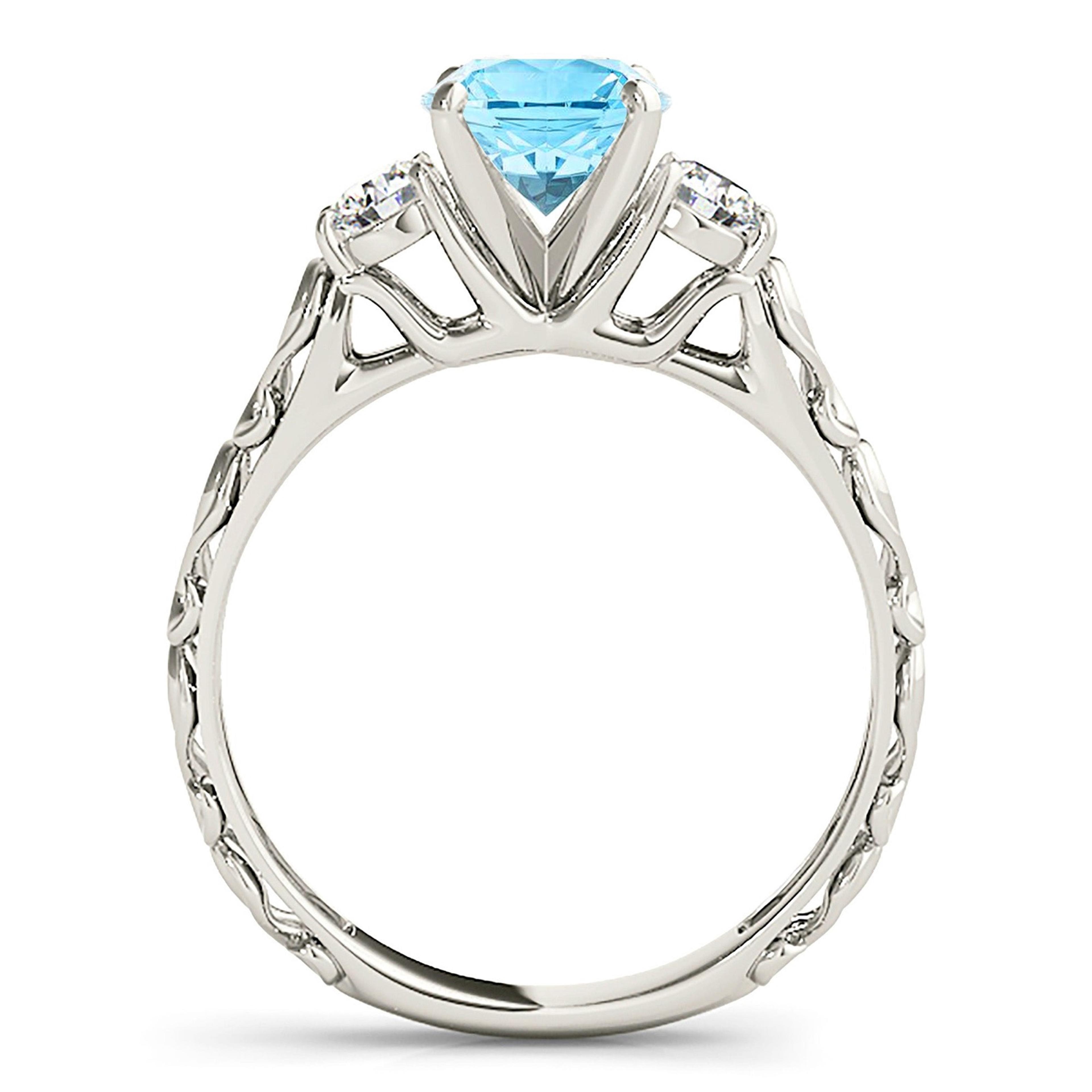 1.10 ct. Genuine Aquamarine Ring With 0.25 ctw. Side Accent Diamonds, Hand Carved Fancy Band | Round Blue Aquamarine Halo Ring-VIRABYANI