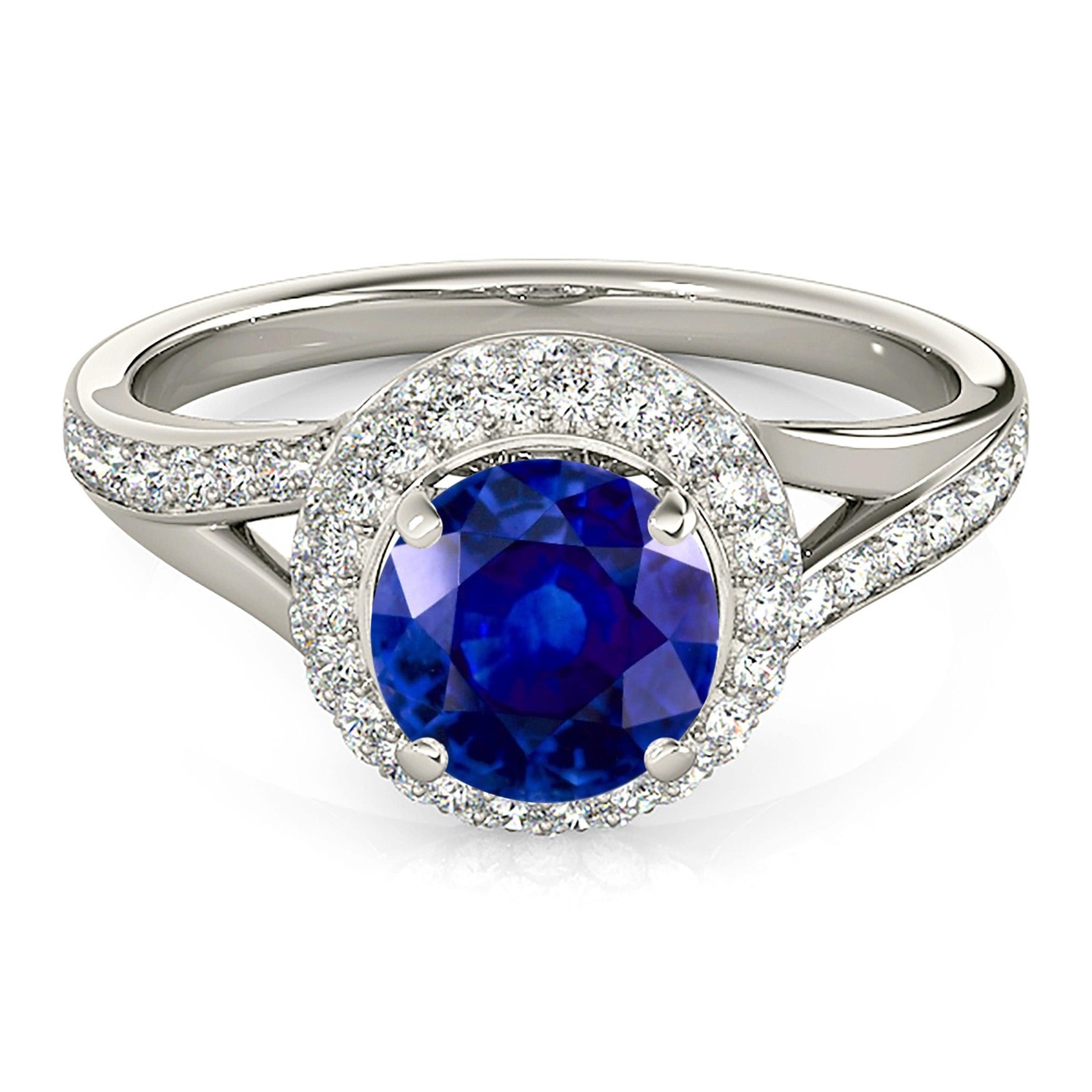 1.35 ct. Genuine Blue Sapphire Split Shank Beautiful Pave Set Halo Ring With 0.50 ctw. Diamonds-VIRABYANI