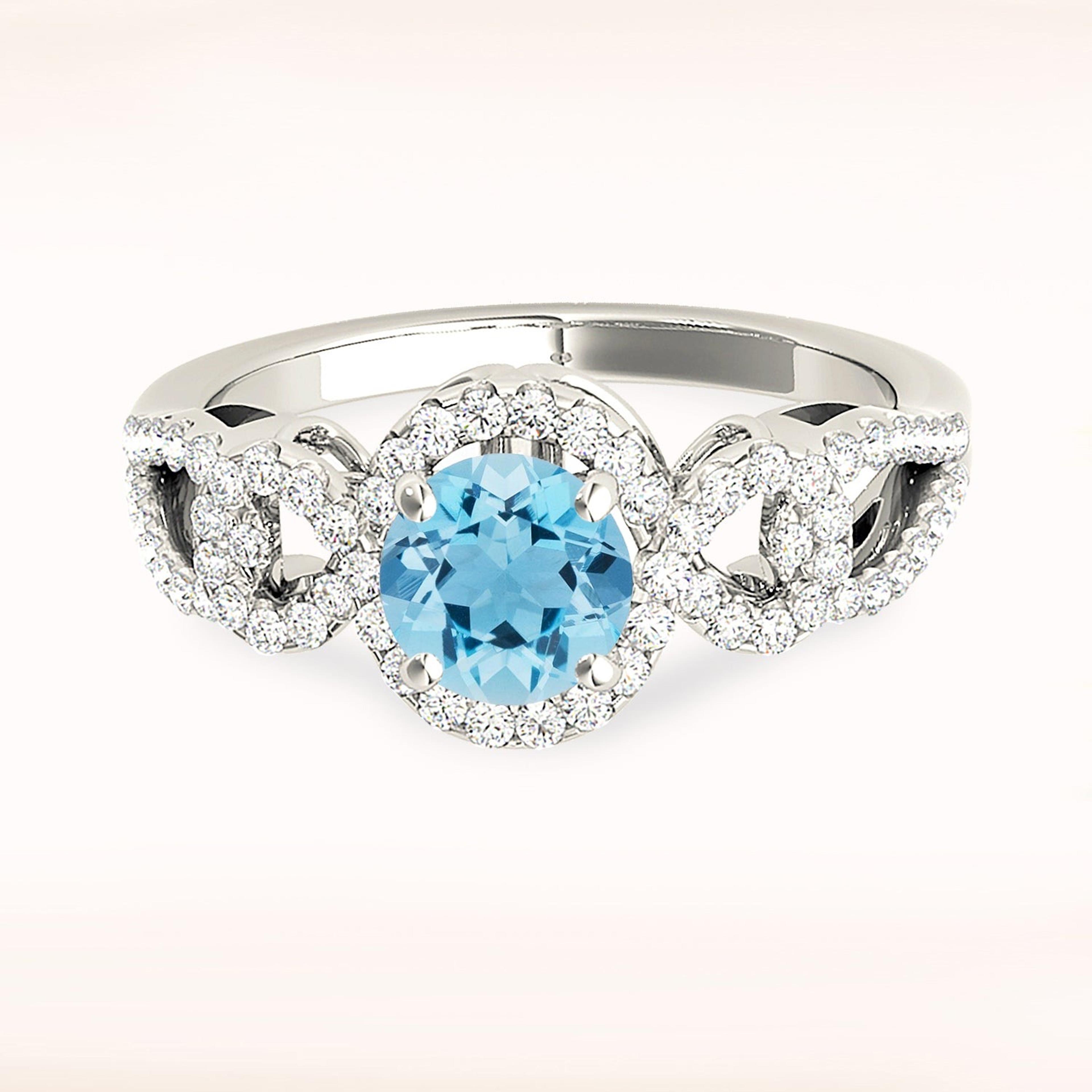 1.10 ct. Genuine Aquamarine Ring With 0.35 ctw. Diamond Halo,Open Rounded Diamond Band, Hand Carved Gallery |Round Blue Aquamarine Halo Ring-VIRABYANI