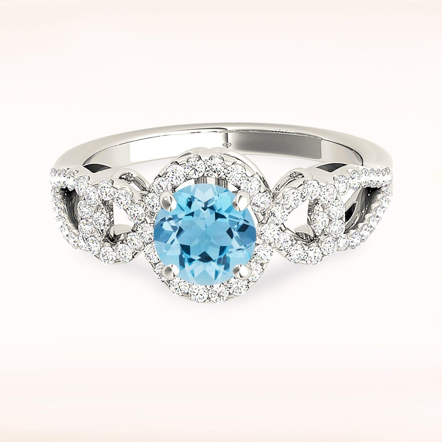 1.10 ct. Genuine Aquamarine Ring With 0.35 ctw. Diamond Halo,Open Rounded Diamond Band, Hand Carved Gallery |Round Blue Aquamarine Halo Ring-VIRABYANI