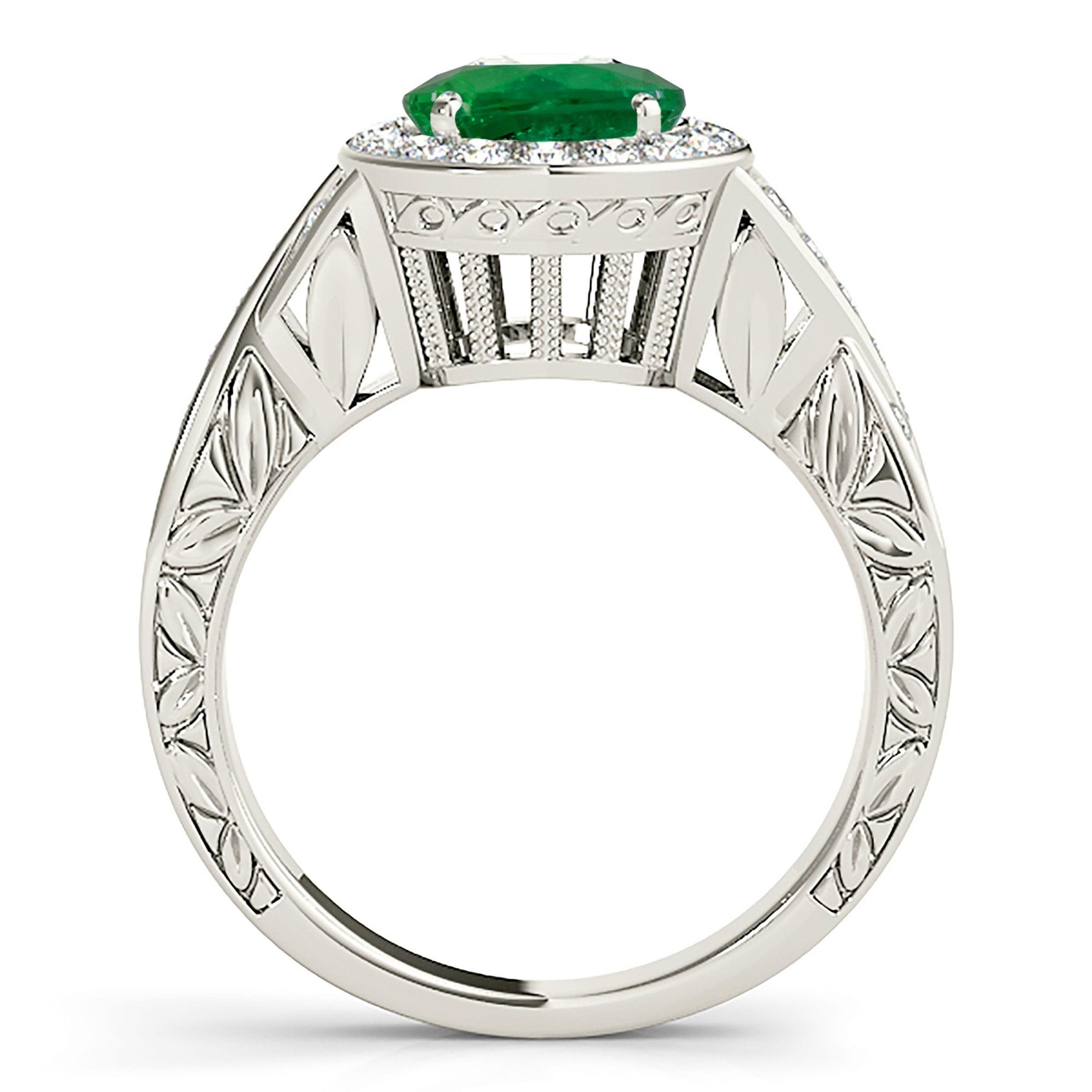 1.75 ct. Genuine Emerald Ring With 0.25 ctw. Channel Set Diamond Halo,Twist Band,Filigree Accent-VIRABYANI