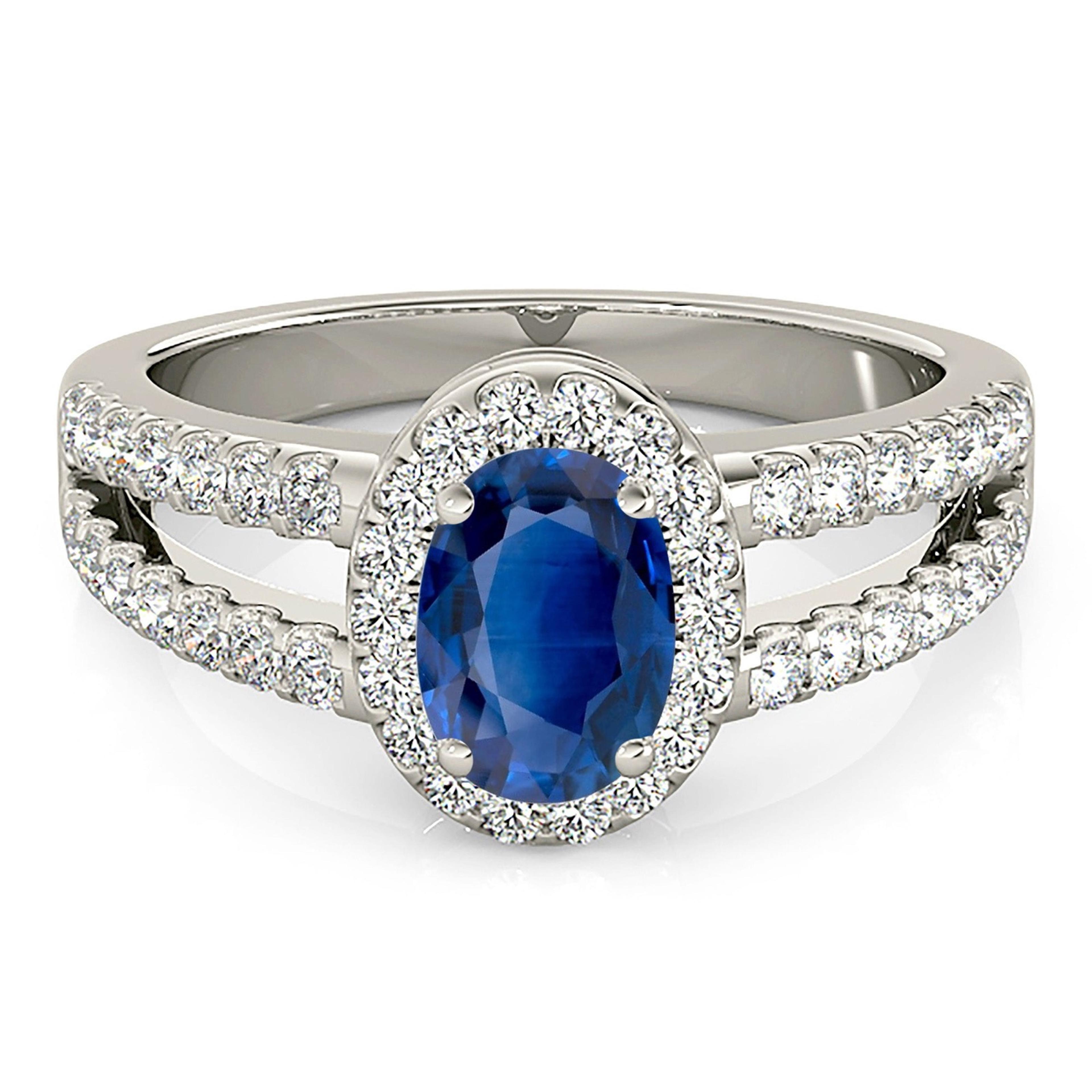 2.09 ct. Genuine Blue Oval Sapphire Ring With 0.50 ctw. Diamond Halo, Open Split Diamond Shank | Natural Sapphire And Diamond Gemstone Ring-VIRABYANI