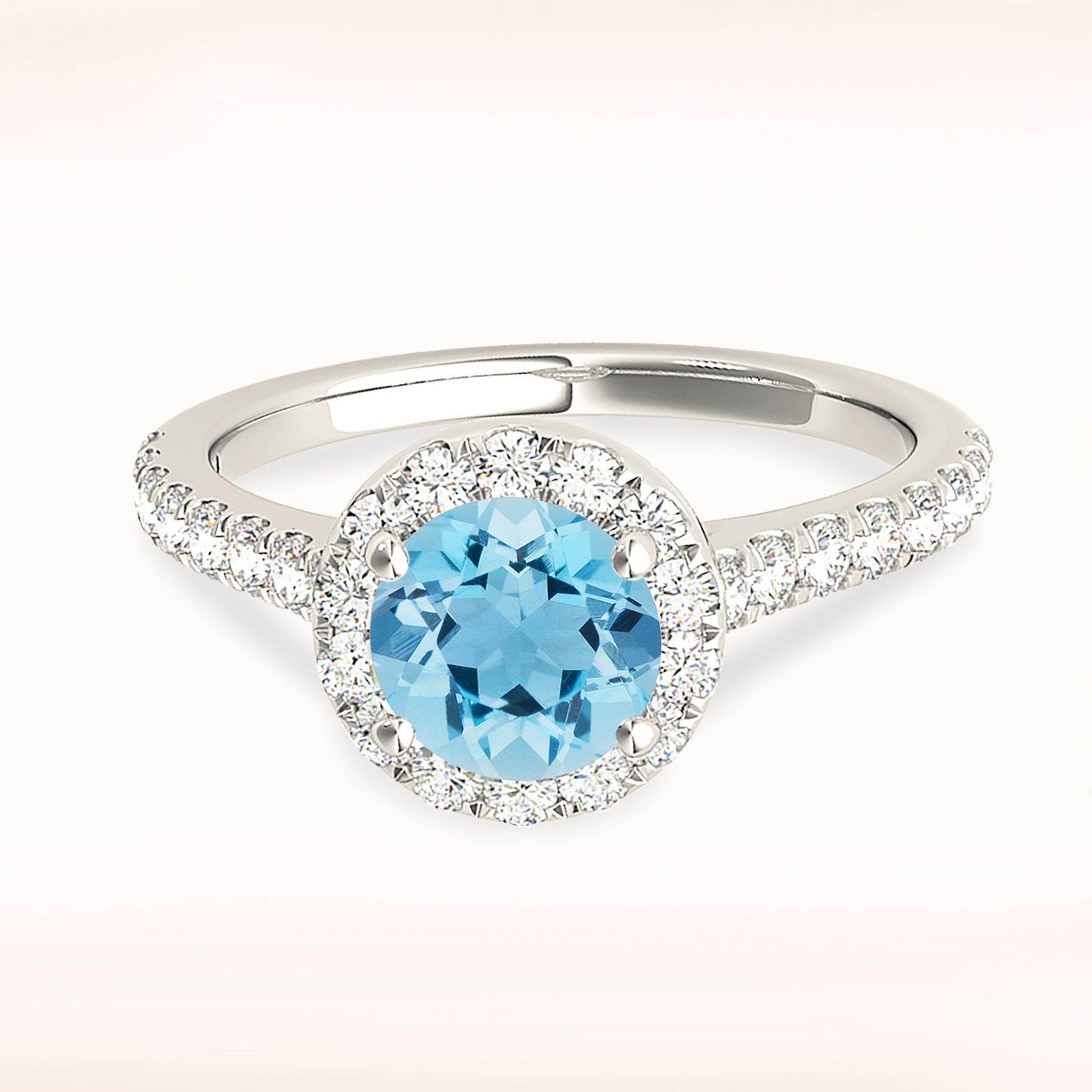 1.10 ct. Genuine Aquamarine Ring With 0.35 ctw. Diamond Halo and Delicate Diamond Band, Hidden Accent Diamond , Blue Aquamarine Halo Ring-VIRABYANI