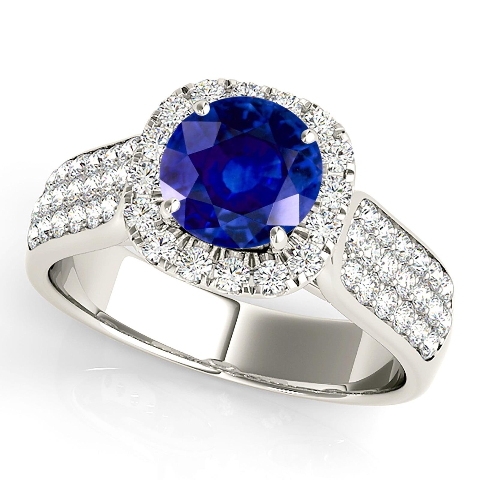 1.35 ct. Genuine Blue Round Sapphire Ring Cushion Halo Style