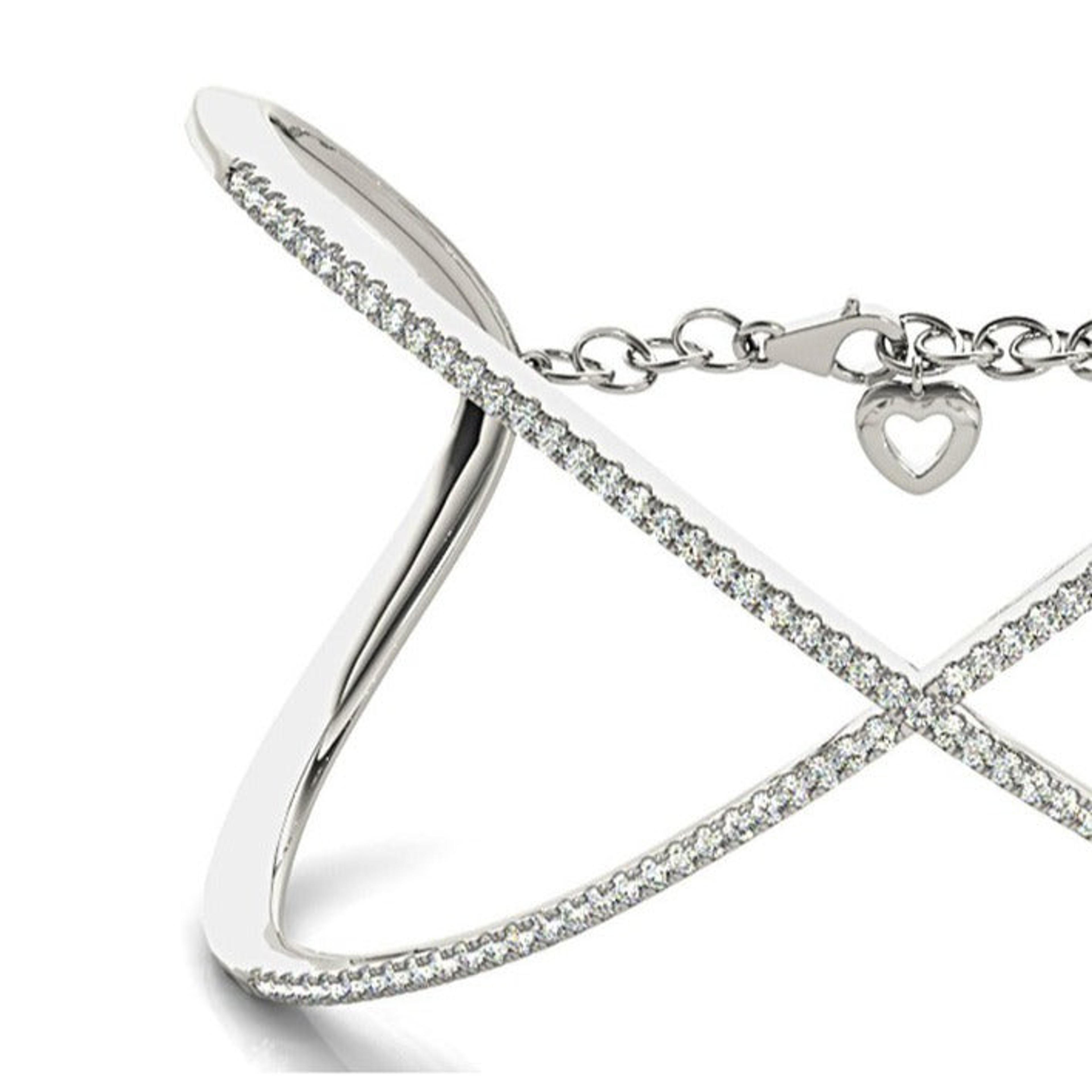 Criss Cross 1.63 ctw Round Diamond Cuff Bangle Bracelet With Security Chain-VIRABYANI