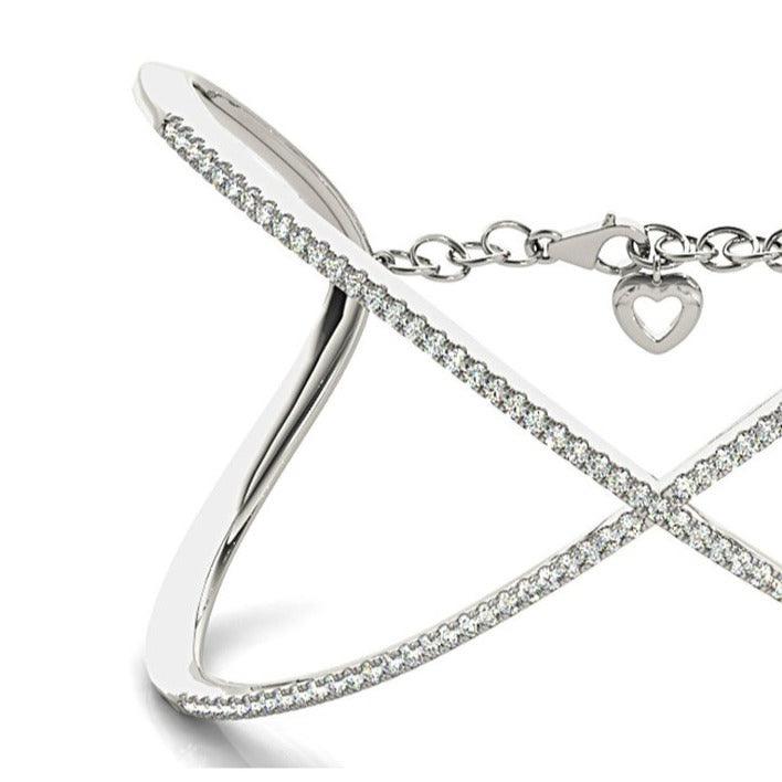 Criss Cross 1.63 ctw Round Diamond Cuff Bangle Bracelet With Security Chain-VIRABYANI