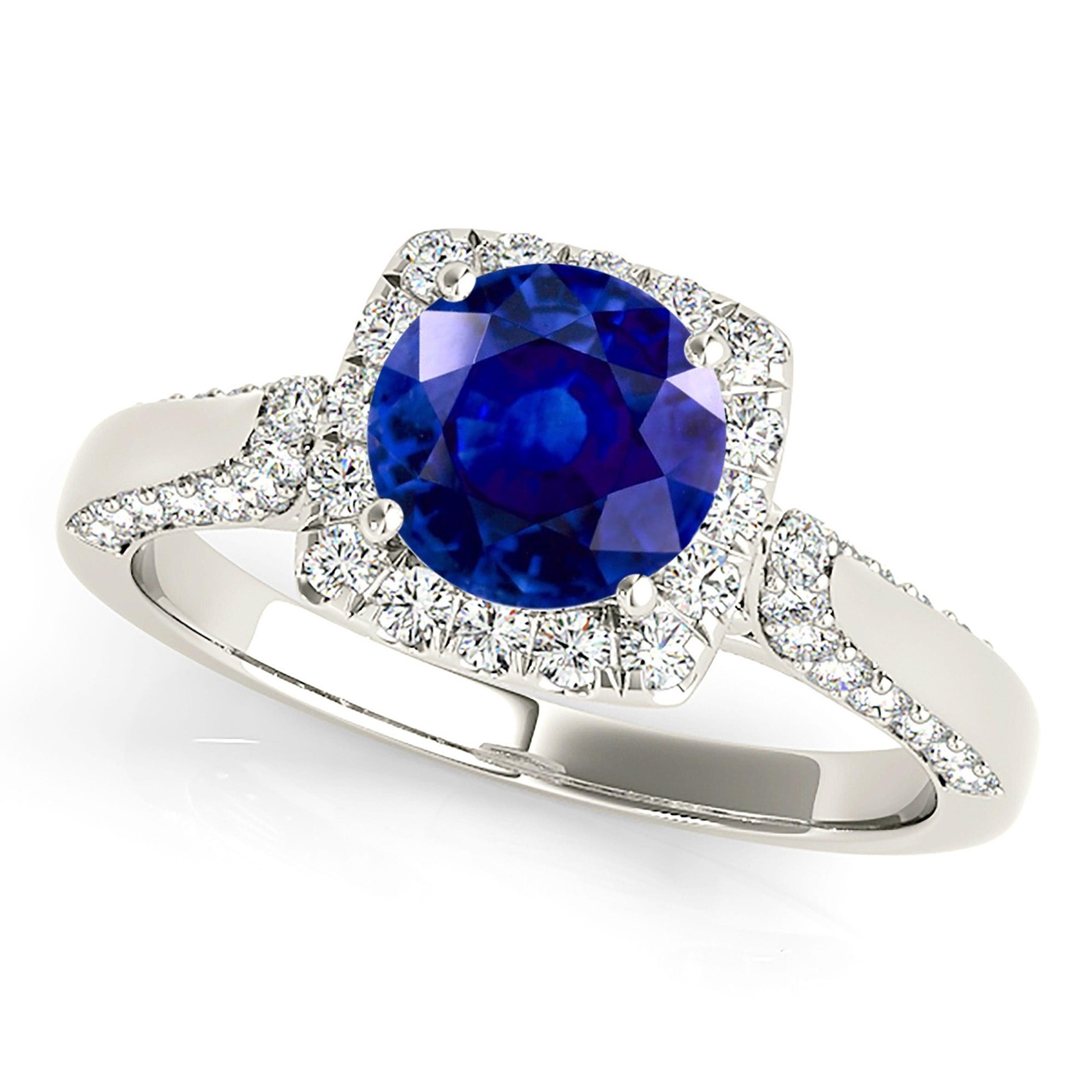 1.80 ct. Genuine Blue Sapphire Halo Engagement Ring With 0.55 ctw. Side and Accent Diamonds-VIRABYANI