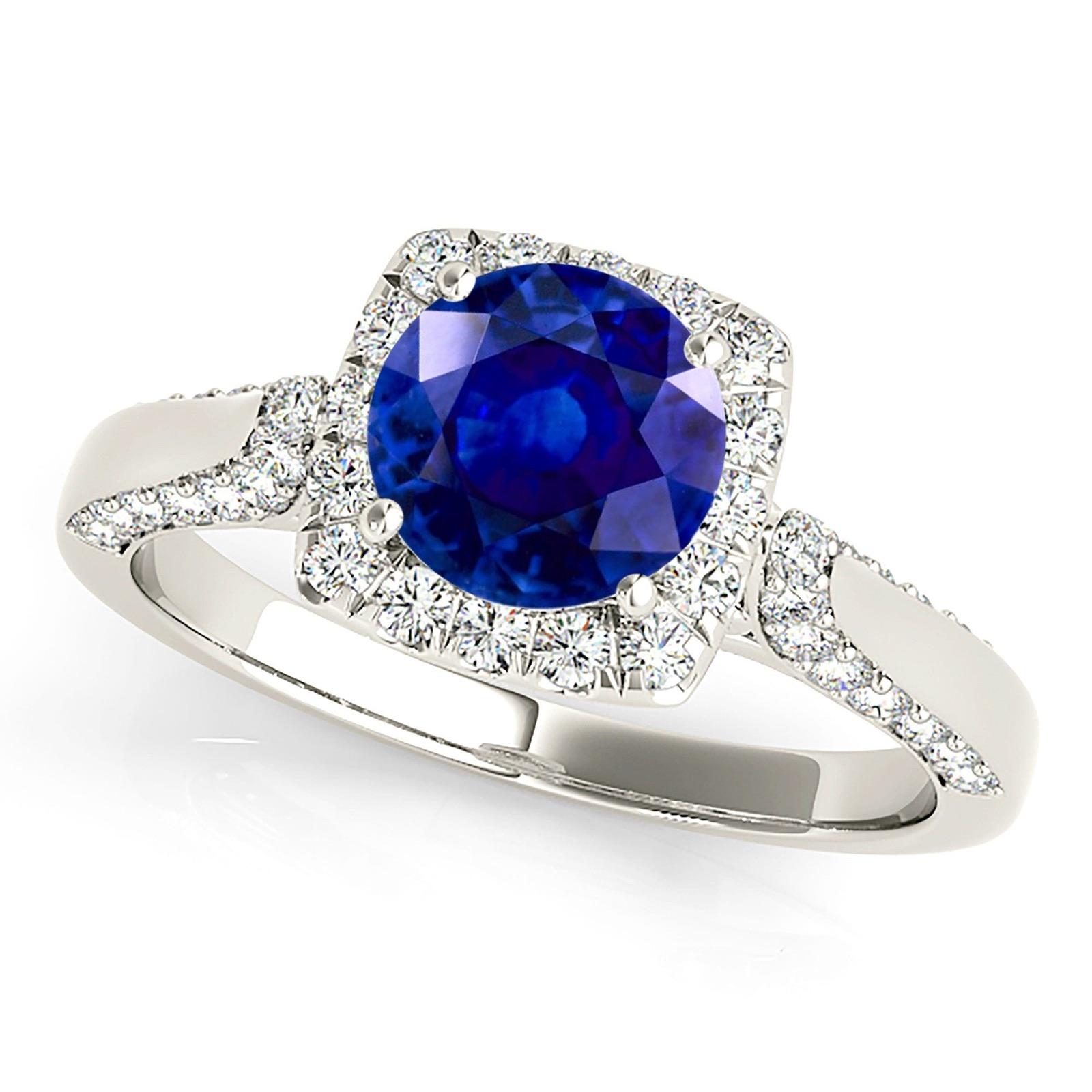 1.80 ct. Genuine Blue Sapphire Halo Engagement Ring With 0.55 ctw. Side and Accent Diamonds-VIRABYANI