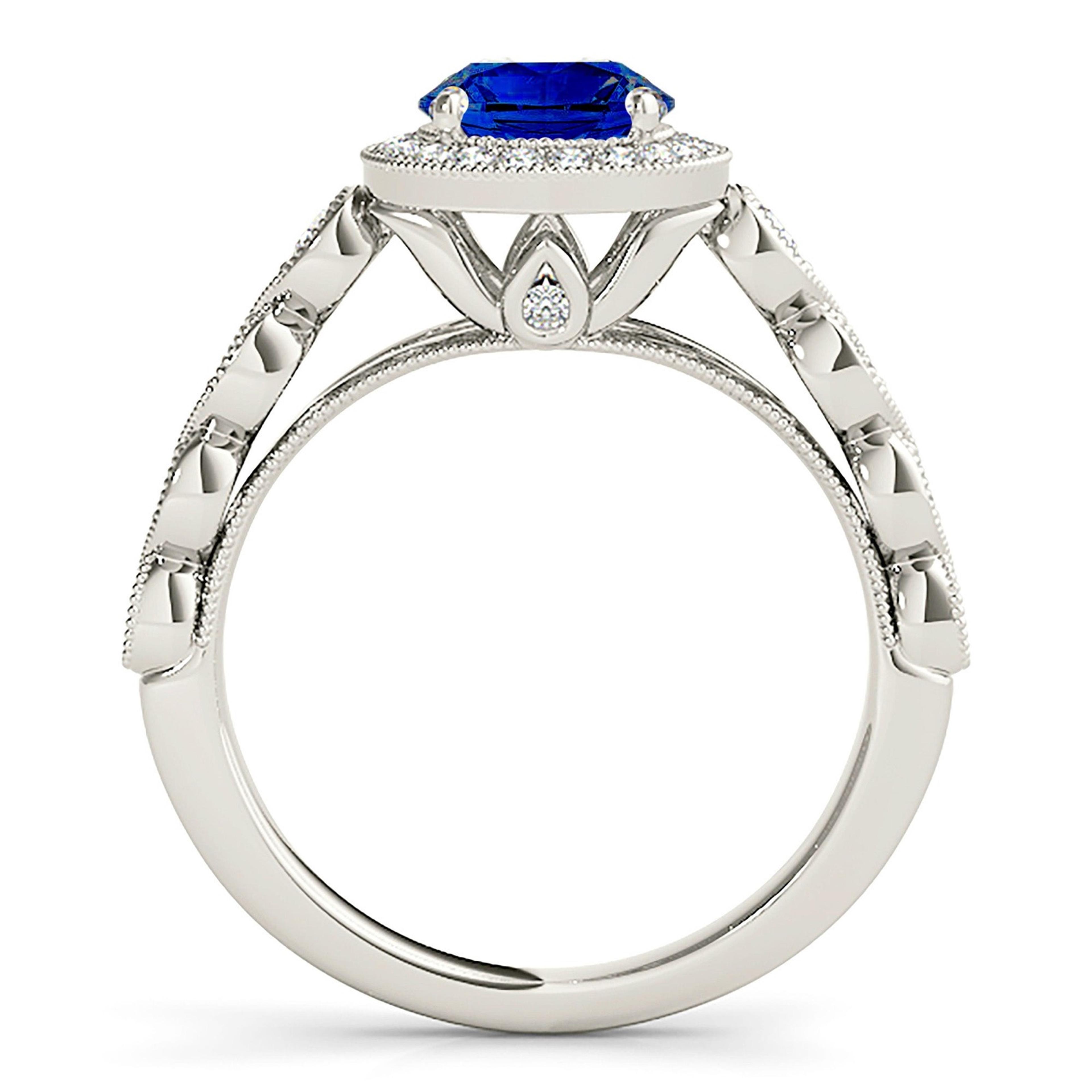1.35 ct. Genuine Blue Sapphire Ring Milgrain Halo Style
