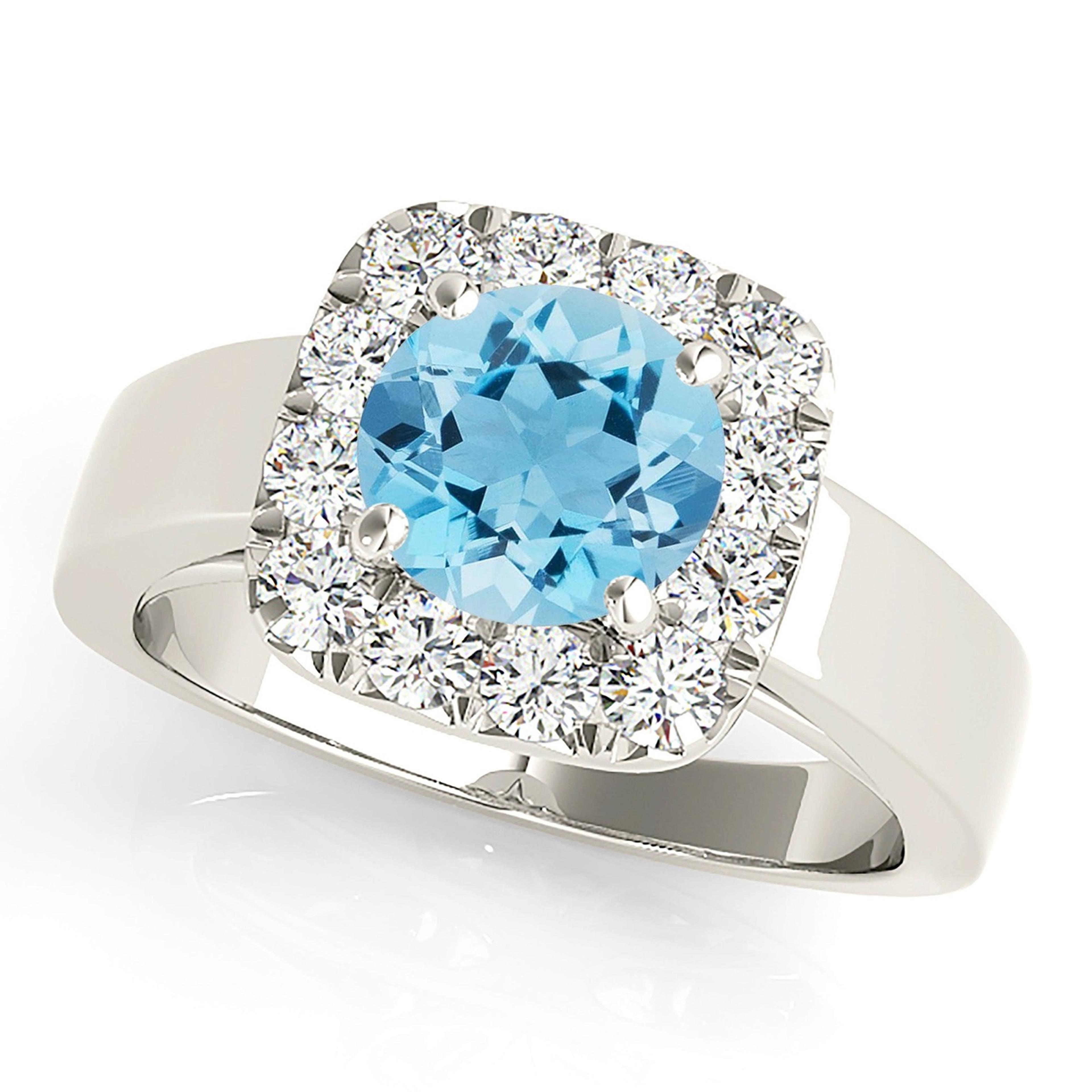 2.00 ct. Genuine Aquamarine Ring With 0.50 ctw. Diamond Cushion Halo And Solid Gold Wide Band | Round Blue Aquamarine Halo Ring-VIRABYANI