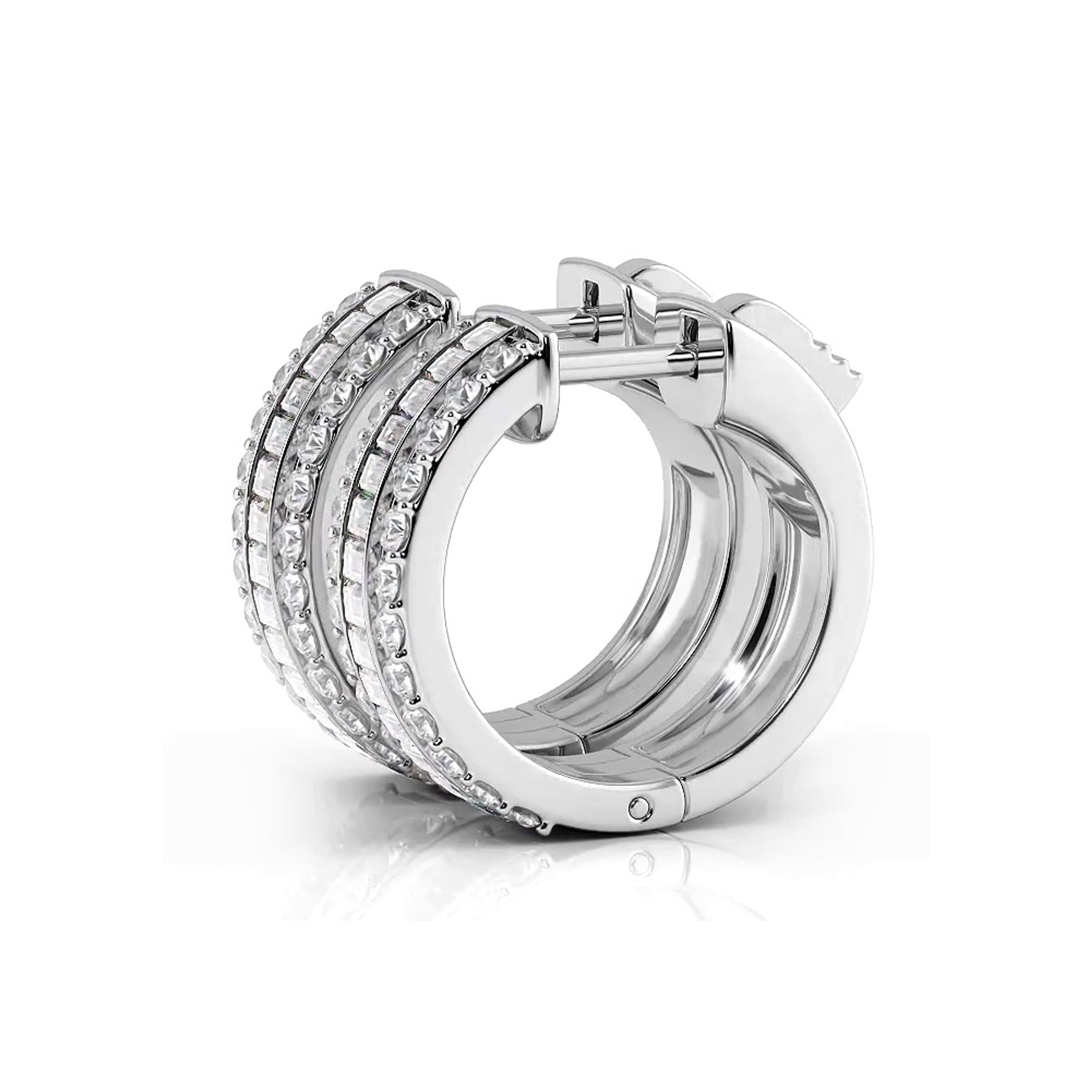 Three Row Round and Baguette Diamond Hoop Earrings Huggie Style