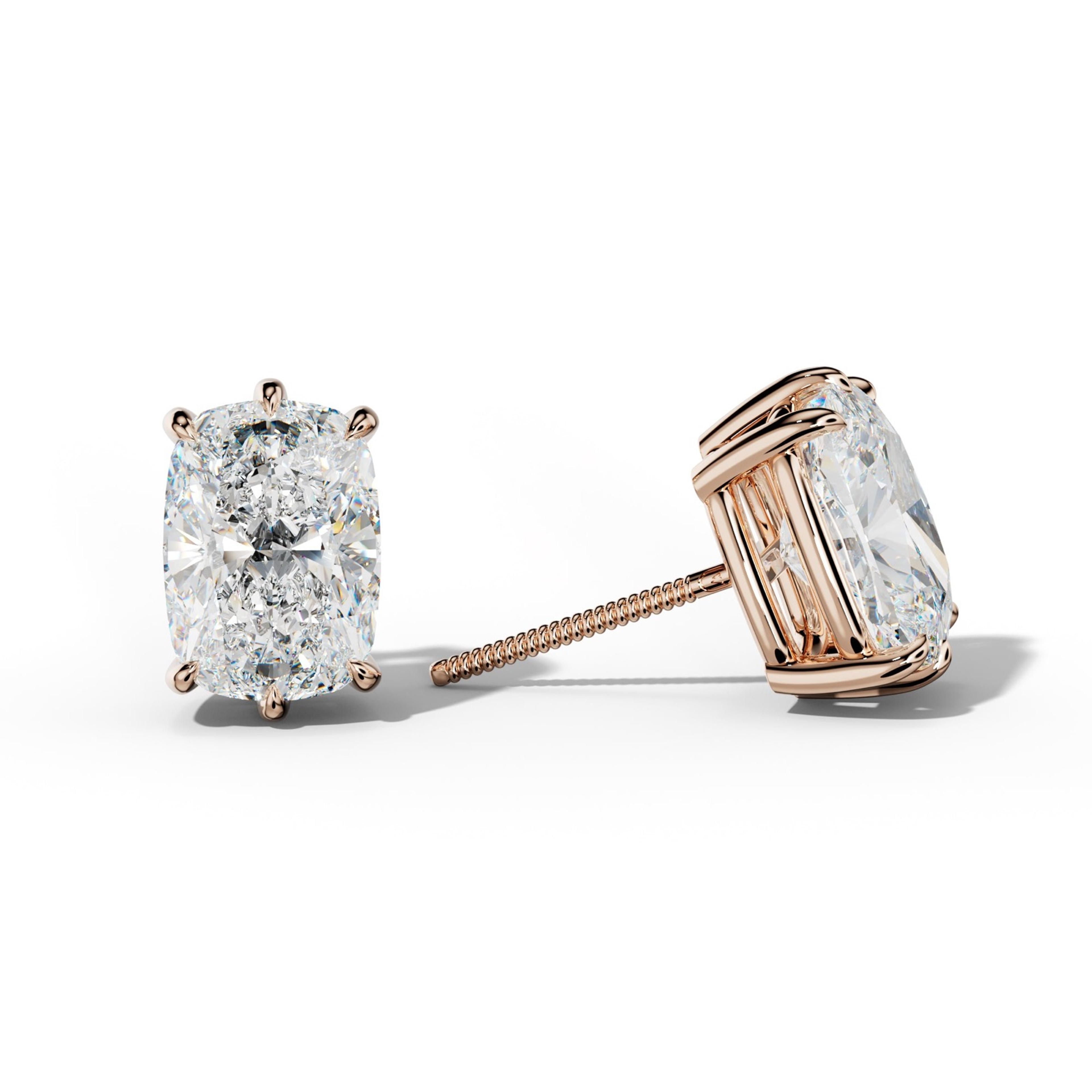 Elongated Cushion Diamond Stud Earrings With Six Prongs