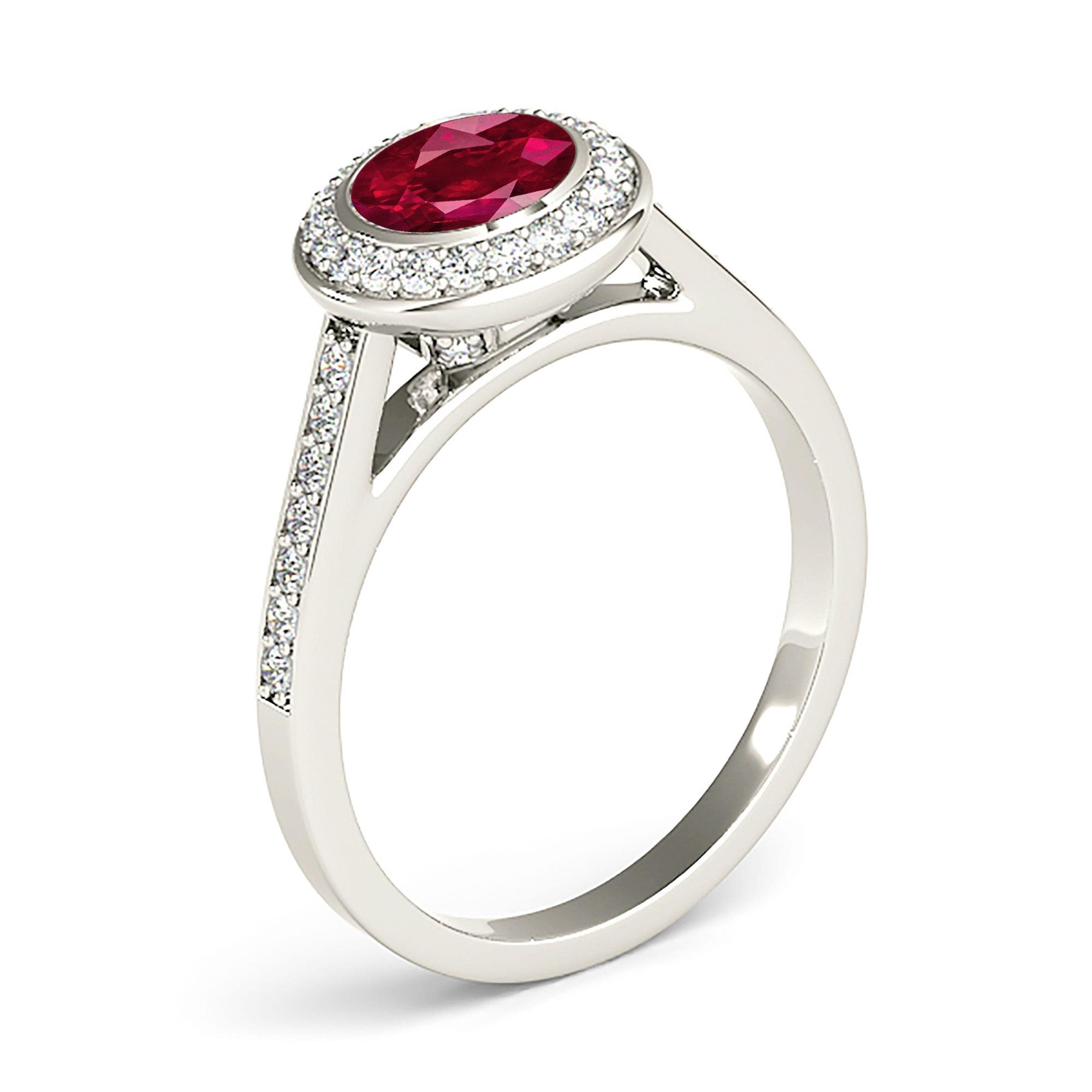 1.35 ct. Genuine Ruby Ring With Halo, Delicate Diamond Band