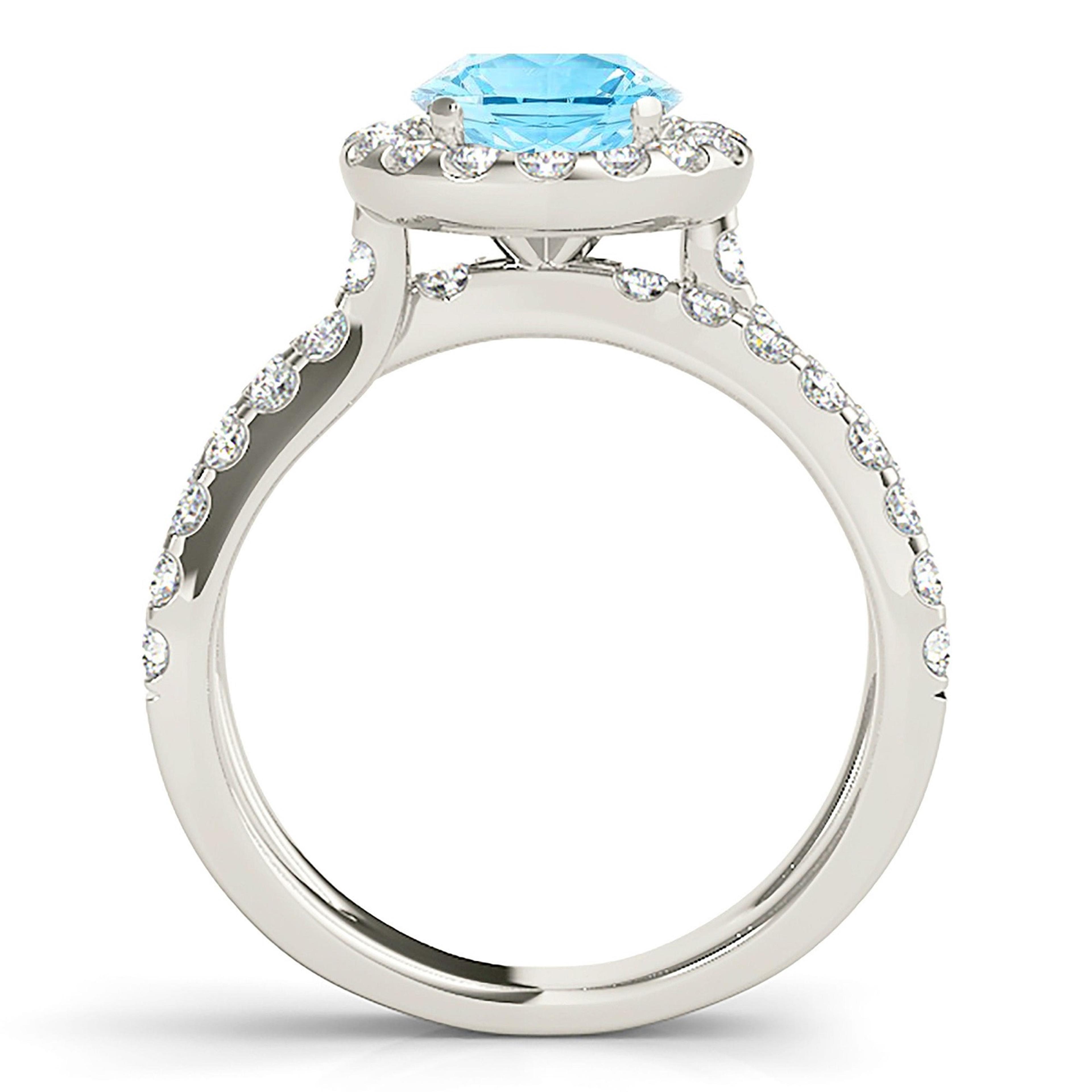1.75 ct. Genuine Aquamarine Ring With 0.90 ctw. Diamond Halo And Criss-Cross Split Band | Round Blue Aquamarine Halo Ring-VIRABYANI