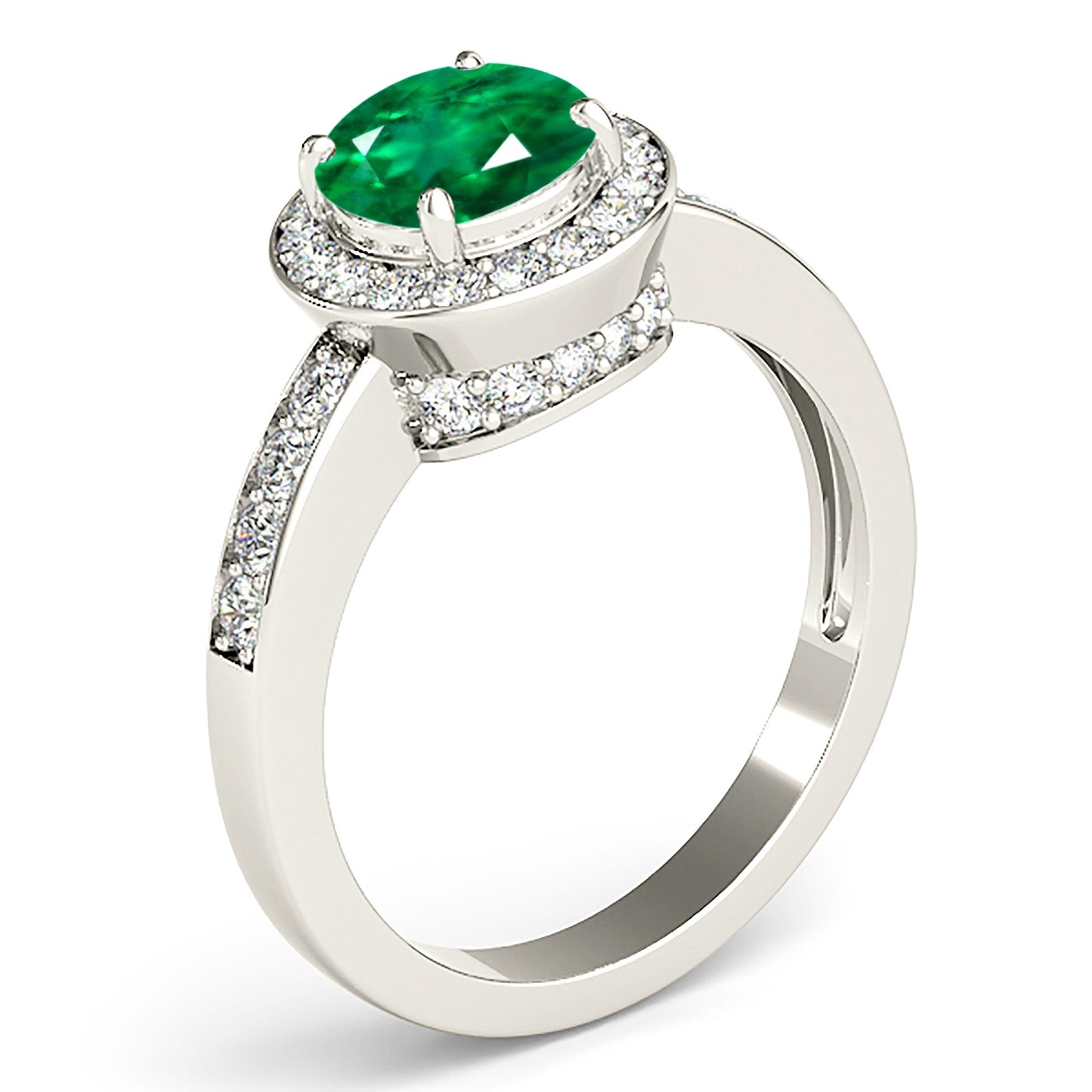 1.75 ct. Genuine Emerald Ring With 0.50 ctw. Channel Set Diamond Halo and Band,Accent Diamond Bridge-VIRABYANI