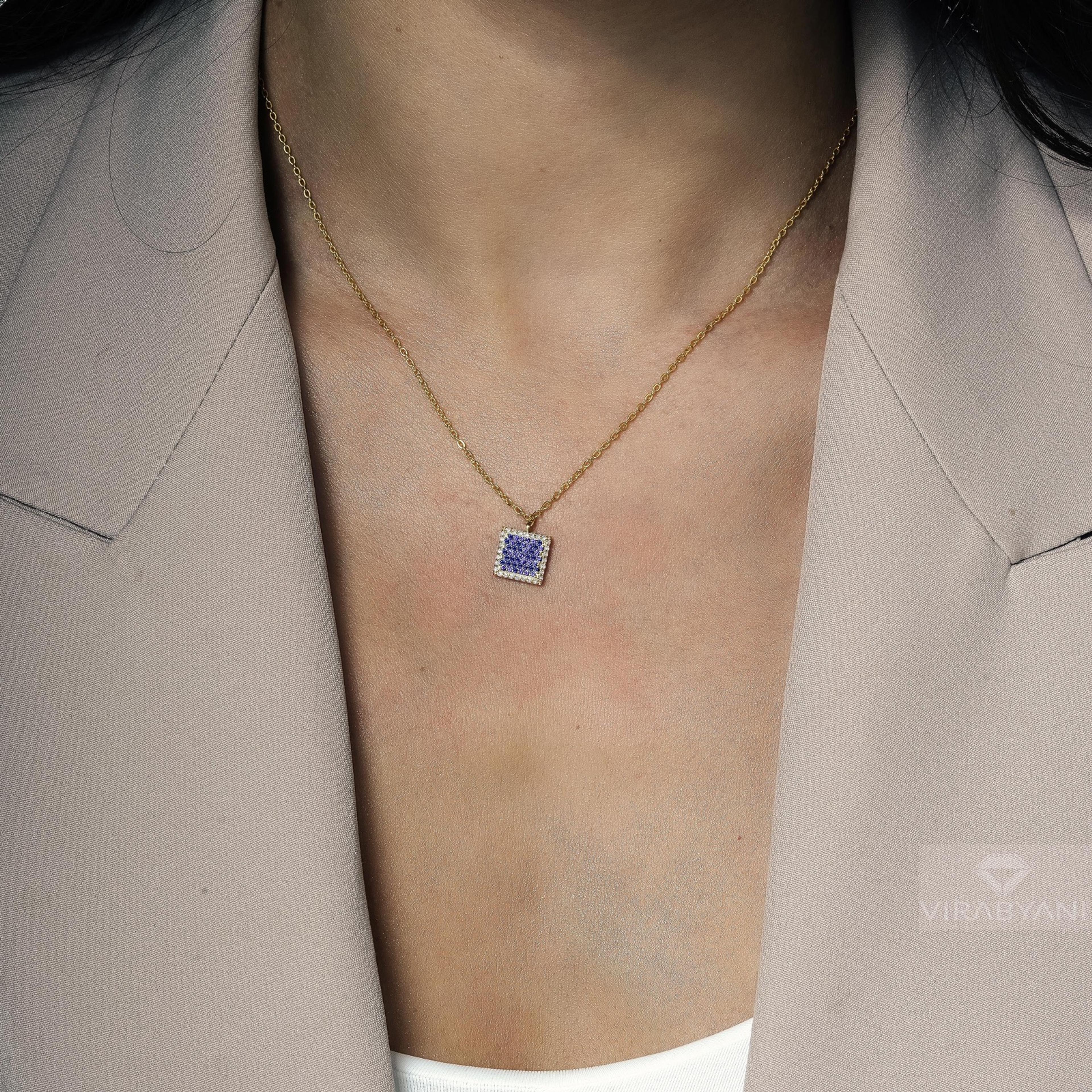 Double Sided Diamond & Sapphire Square Shaped AMoré Pavé Necklace