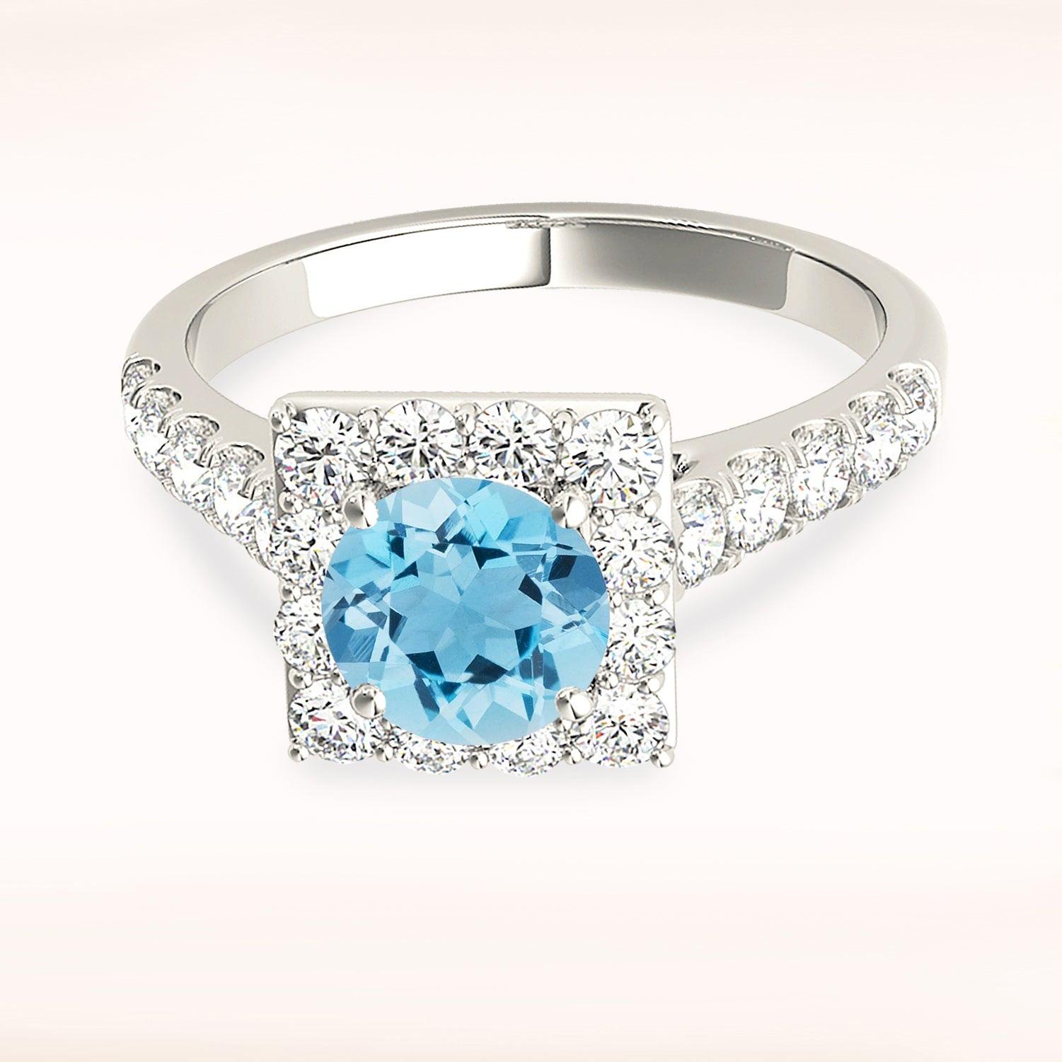 1.10 ct. Genuine Aquamarine Ring With 0.75 ctw. Diamond Square Halo And Diamond Band | Round Blue Aquamarine Halo Ring-VIRABYANI