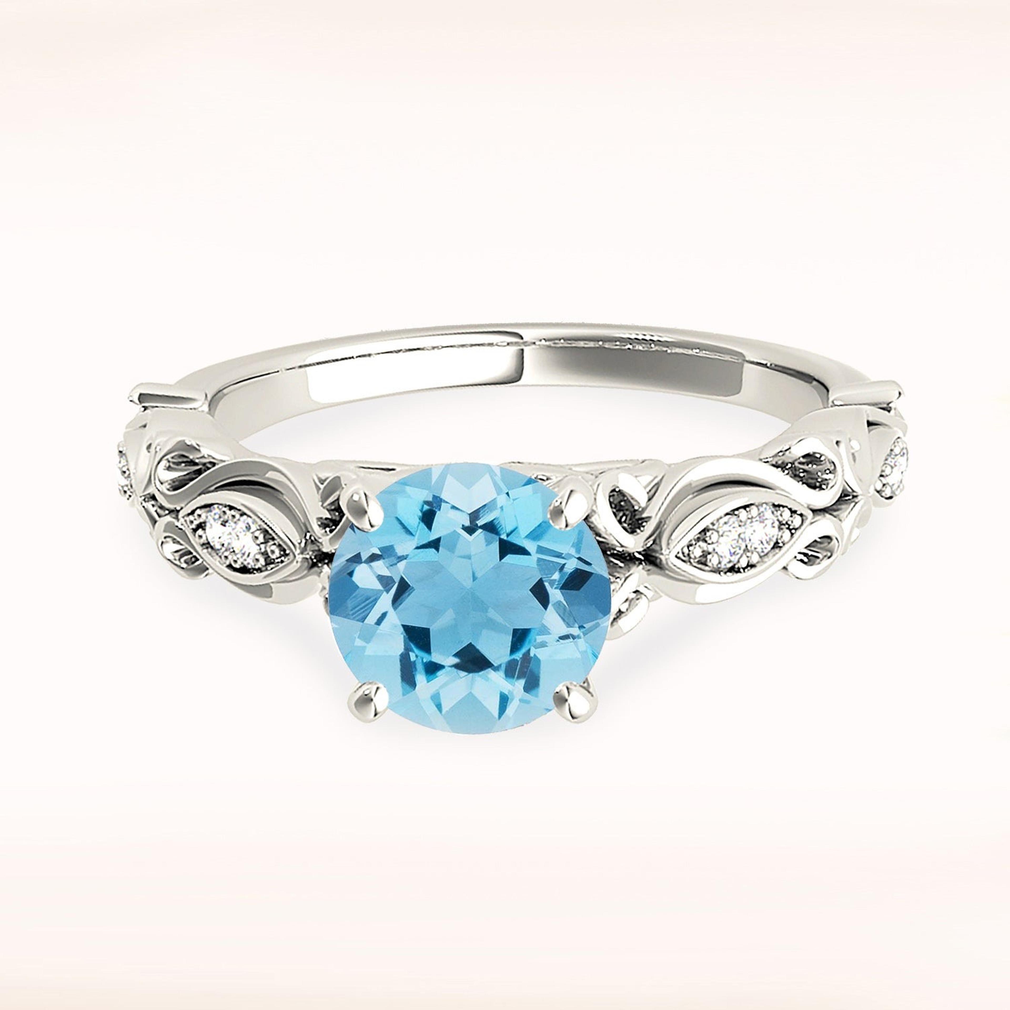 1.75 ct. Genuine Aquamarine Ring With 0.20 ctw. Diamond Fancy Hand Carved Shank, Cathedral Style Setting | Round Blue Aquamarine Halo Ring-VIRABYANI