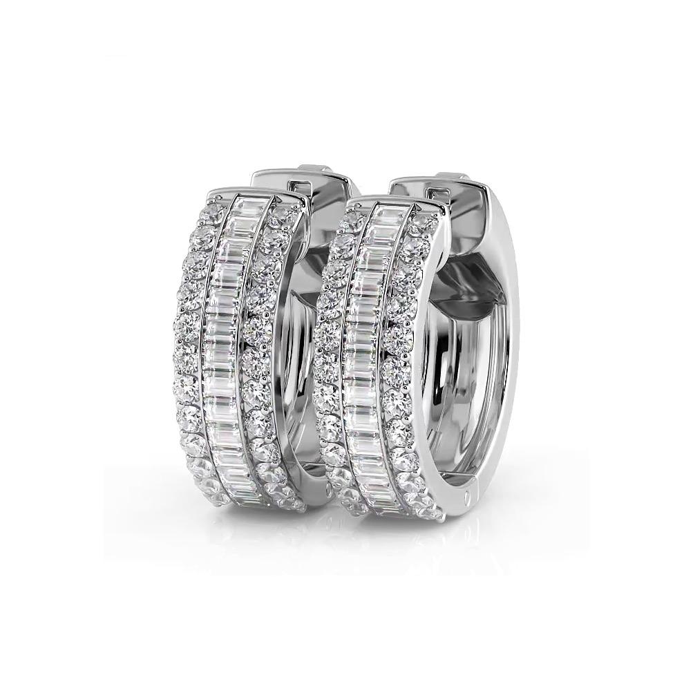 Three Row Round and Baguette Diamond Hoop Earrings Huggie Style