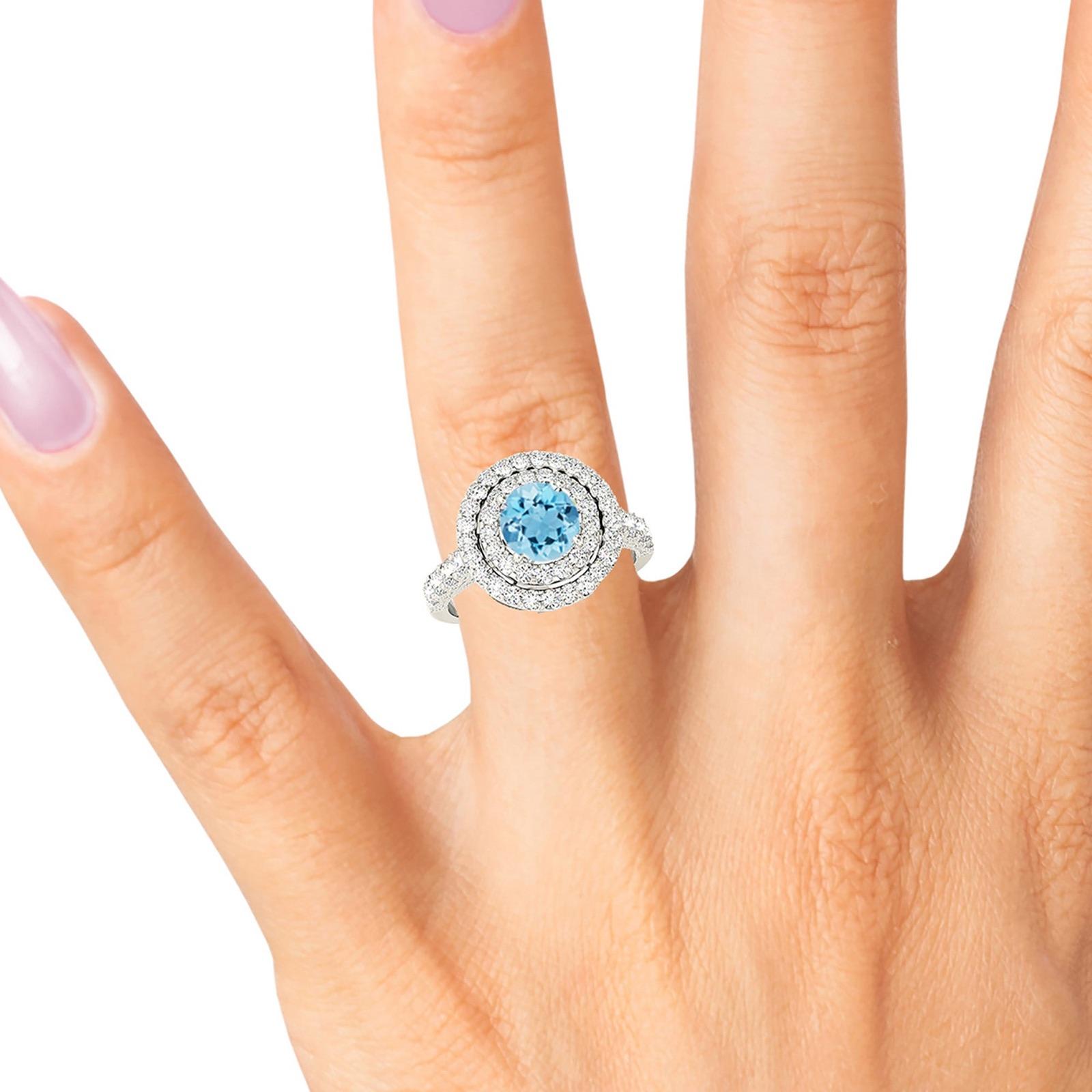1.10 ct. Genuine Aquamarine Ring with 1.00 ctw. Diamond Double Row Halo And Diamond Band, Milgrain Design | Round Blue Aquamarine Halo Ring-VIRABYANI
