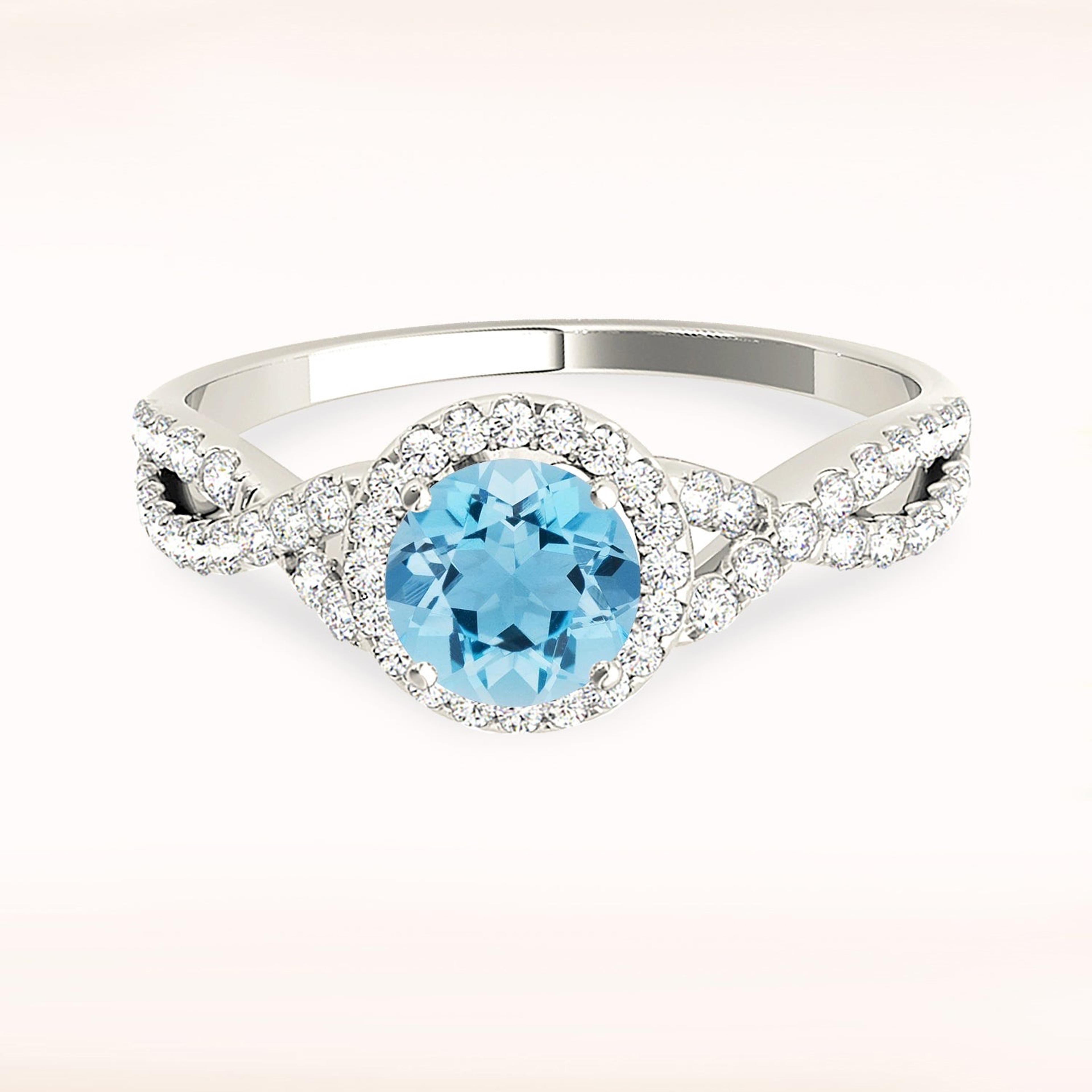 1.10 ct. Genuine Aquamarine Ring With 0.25 ctw. Diamond Halo And Delicate Diamond Twist Band | Round Blue Aquamarine Halo Ring-VIRABYANI