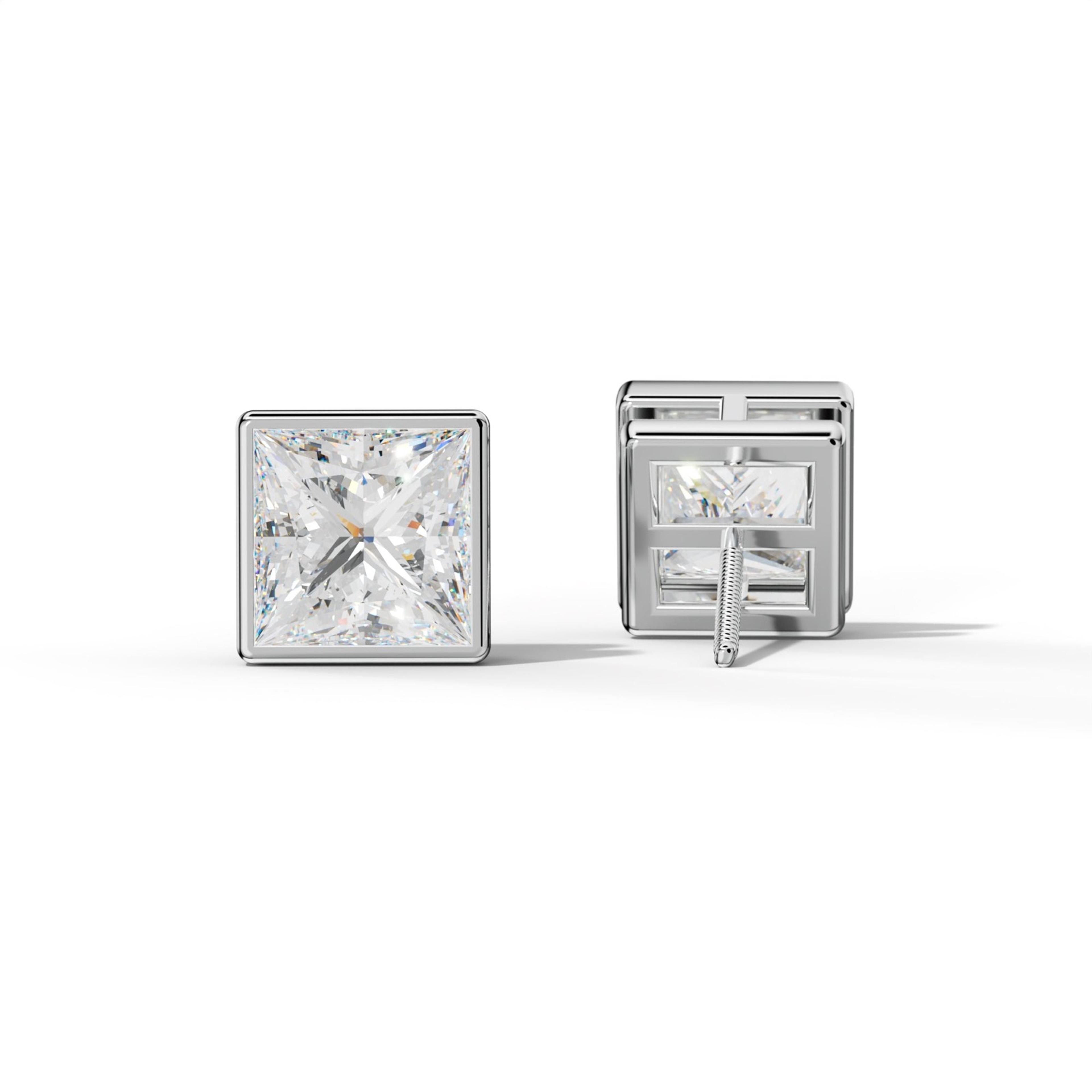 Princess Cut  Diamond Stud Earrings With Bezel Setting