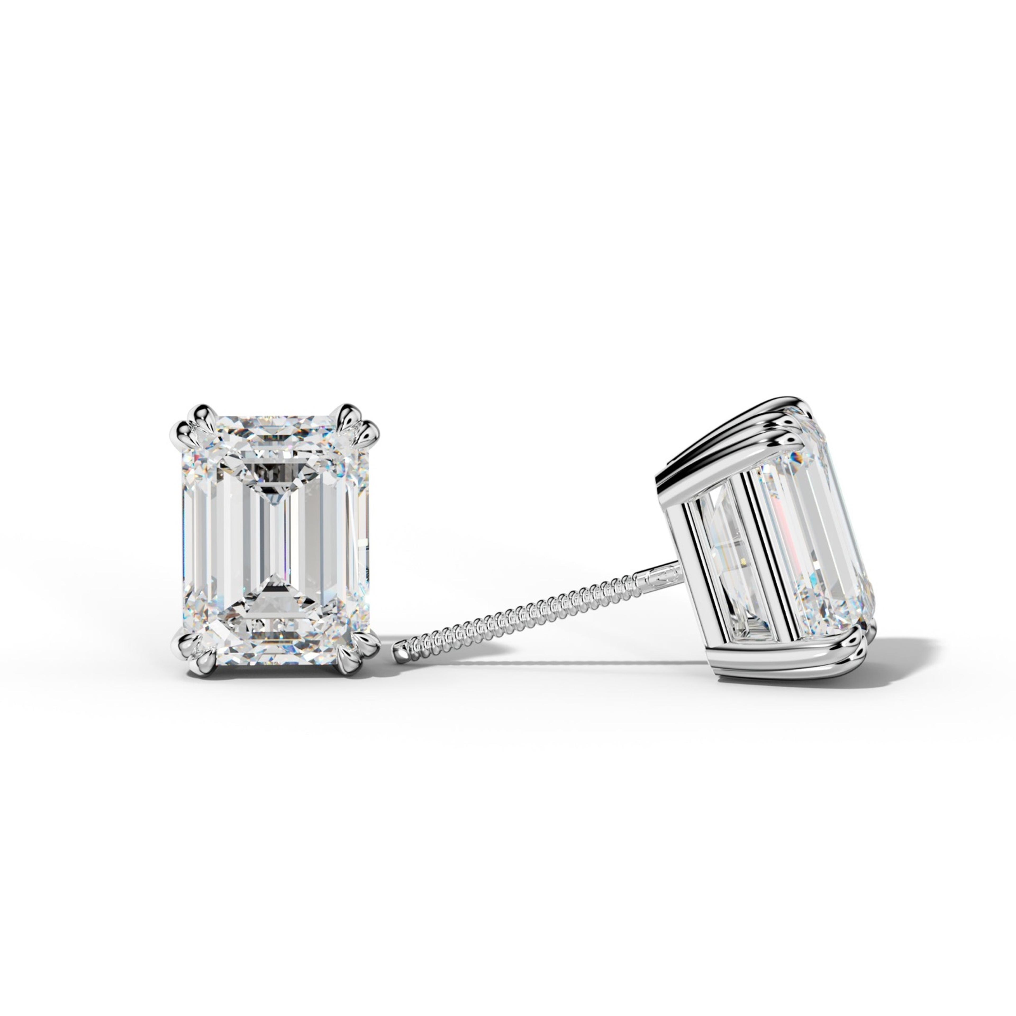 Emerald Cut Diamond Stud Earrings With Claw Double Prongs