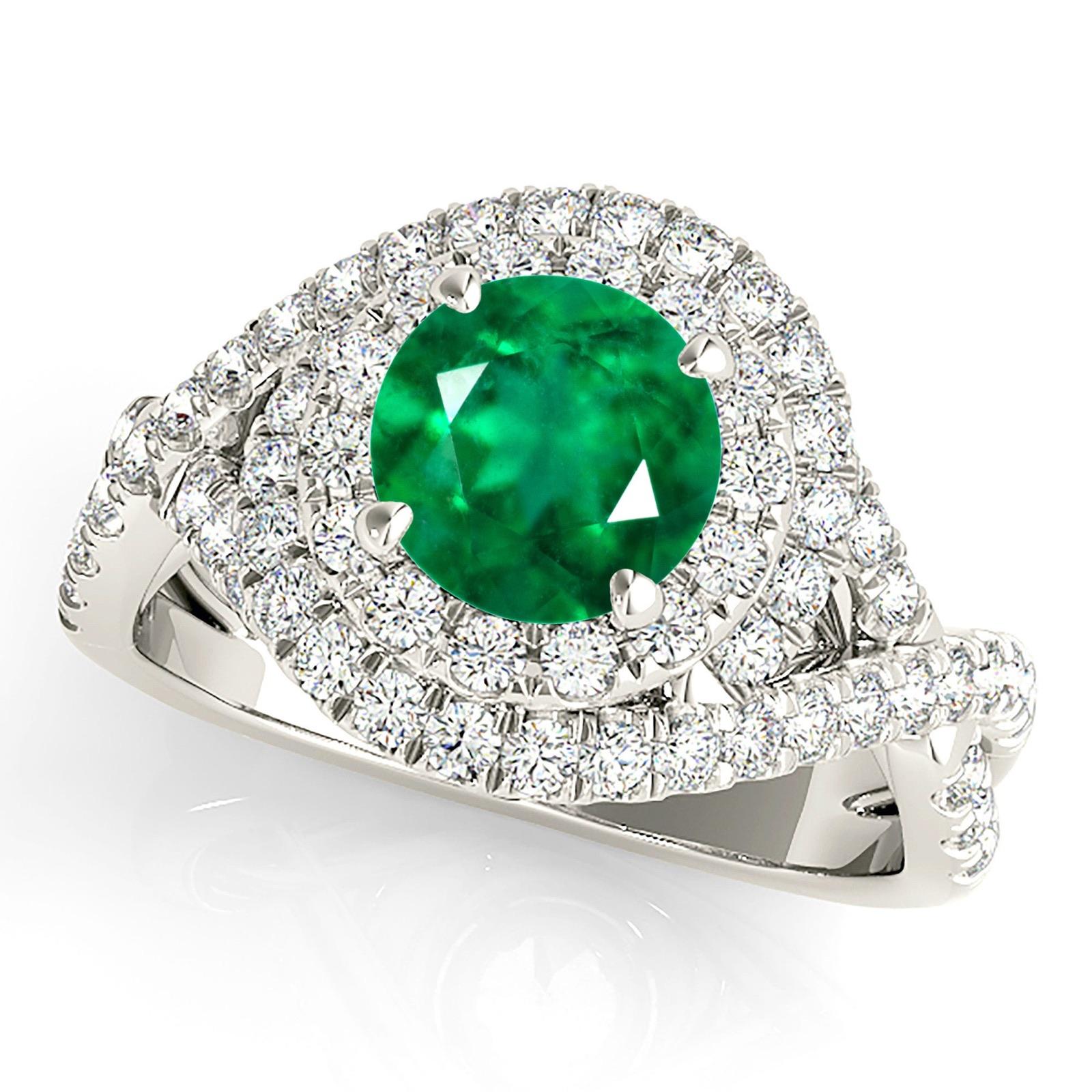 1.14 ct. Genuine Emerald Ring With 0.70 ctw. Diamond Swirl Halo and Twist Diamond Band-VIRABYANI