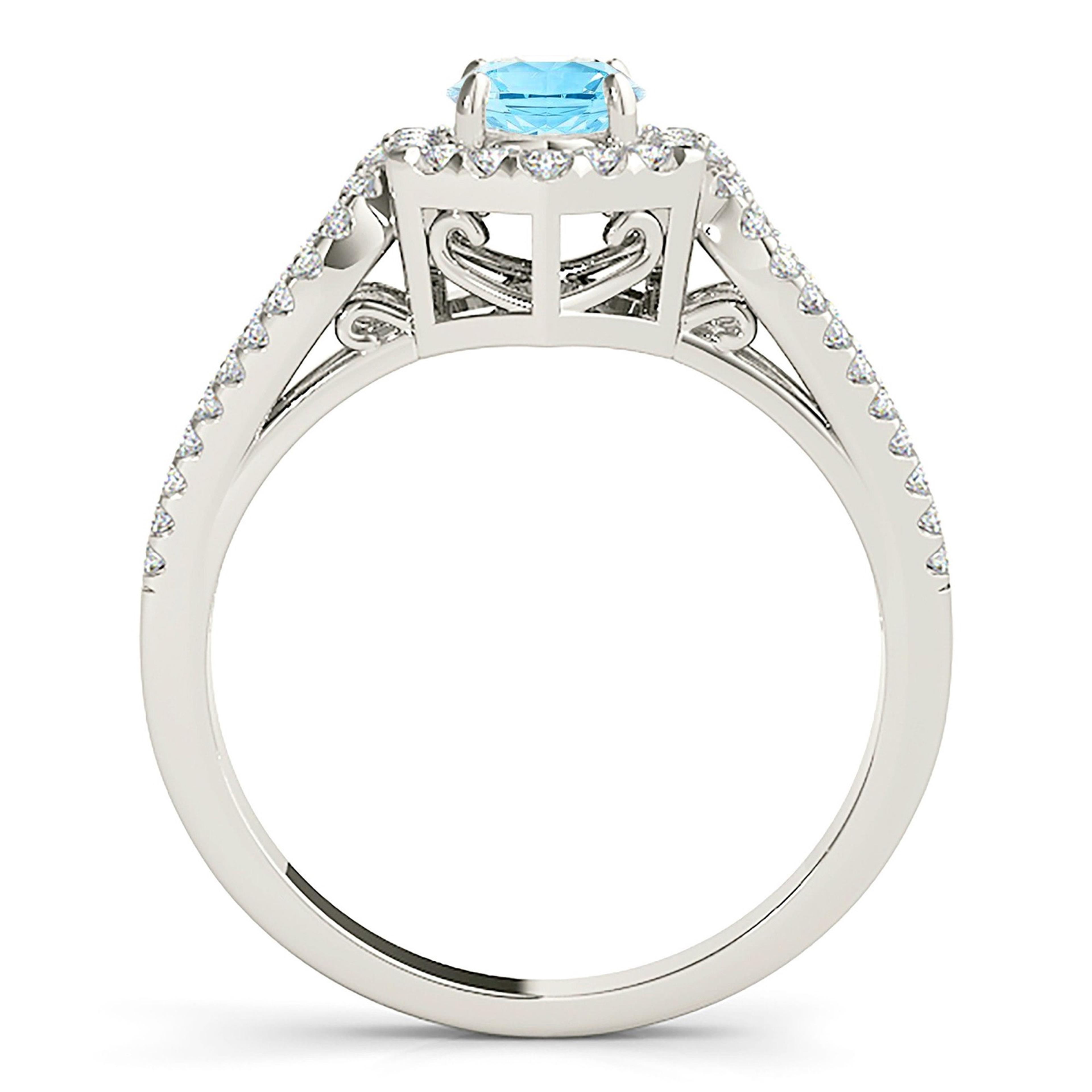 1.10 ct. Genuine Aquamarine Ring With 0.40 ctw. Diamond Hexagon Shape Halo, Open Rounded Diamond band | Round Blue Aquamarine Halo Ring-VIRABYANI