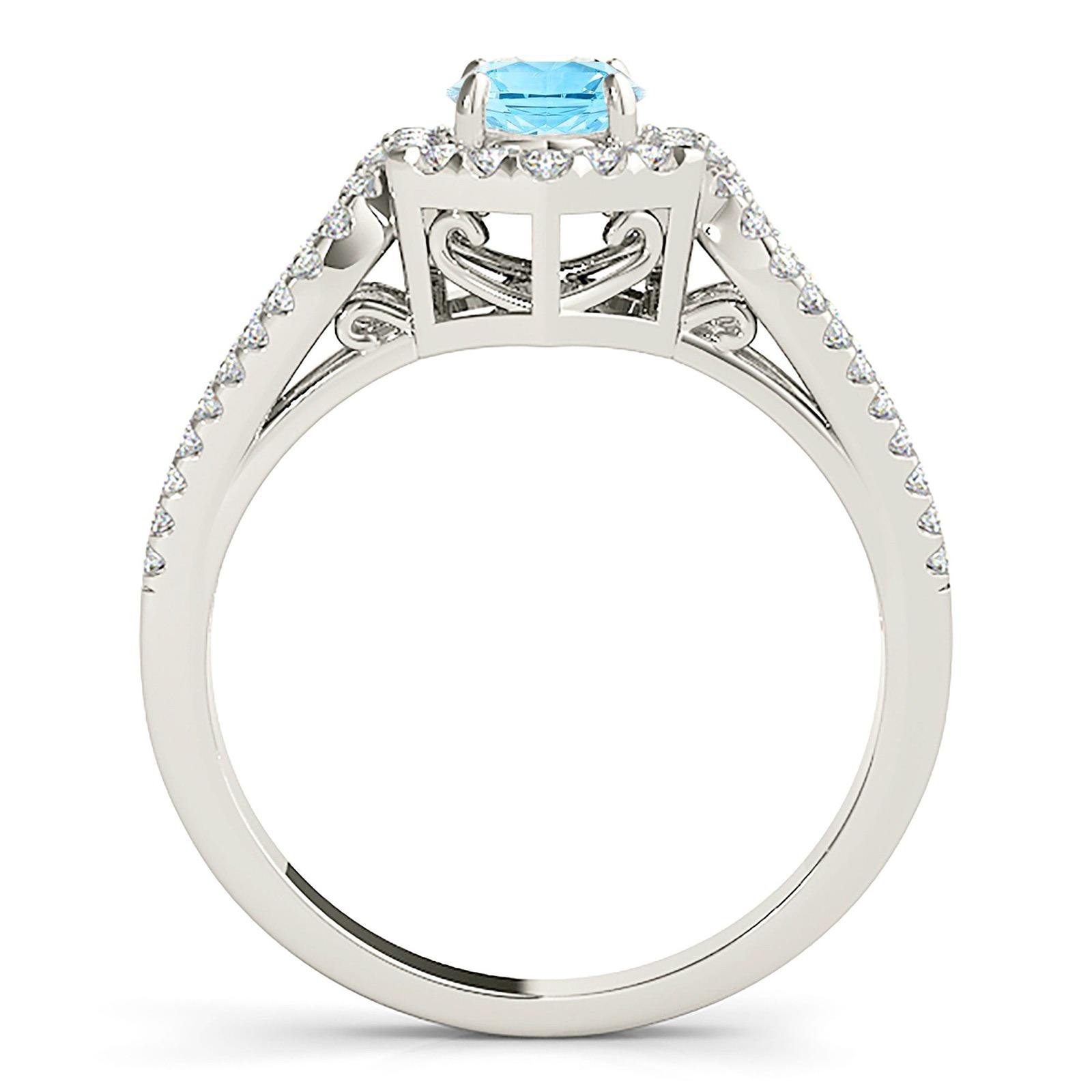 1.10 ct. Genuine Aquamarine Ring With 0.40 ctw. Diamond Hexagon Shape Halo, Open Rounded Diamond band | Round Blue Aquamarine Halo Ring-VIRABYANI