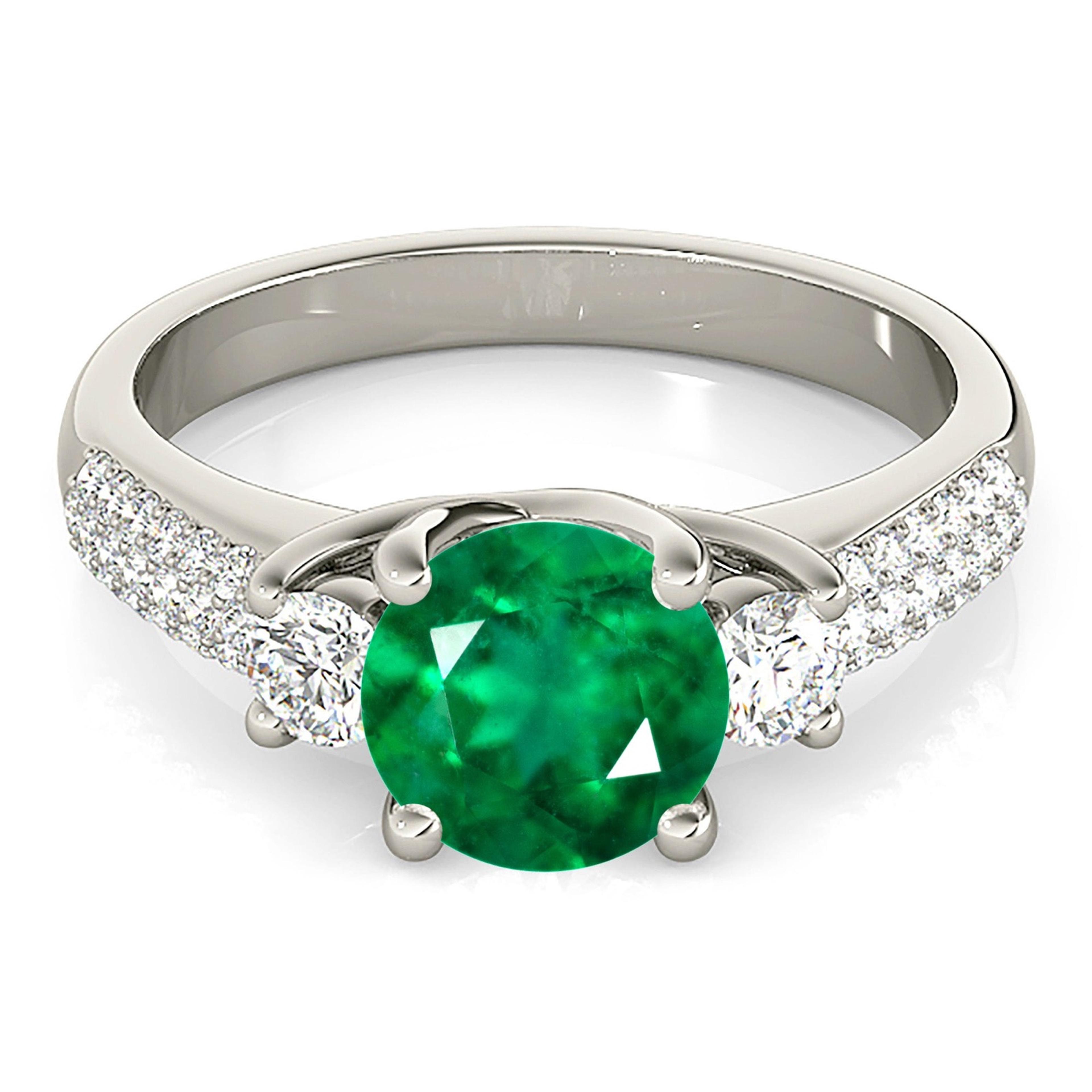 2.00 ct. Genuine Emerald Lucida Style Three Stone Ring With 0.40 ctw. Side Diamonds-VIRABYANI