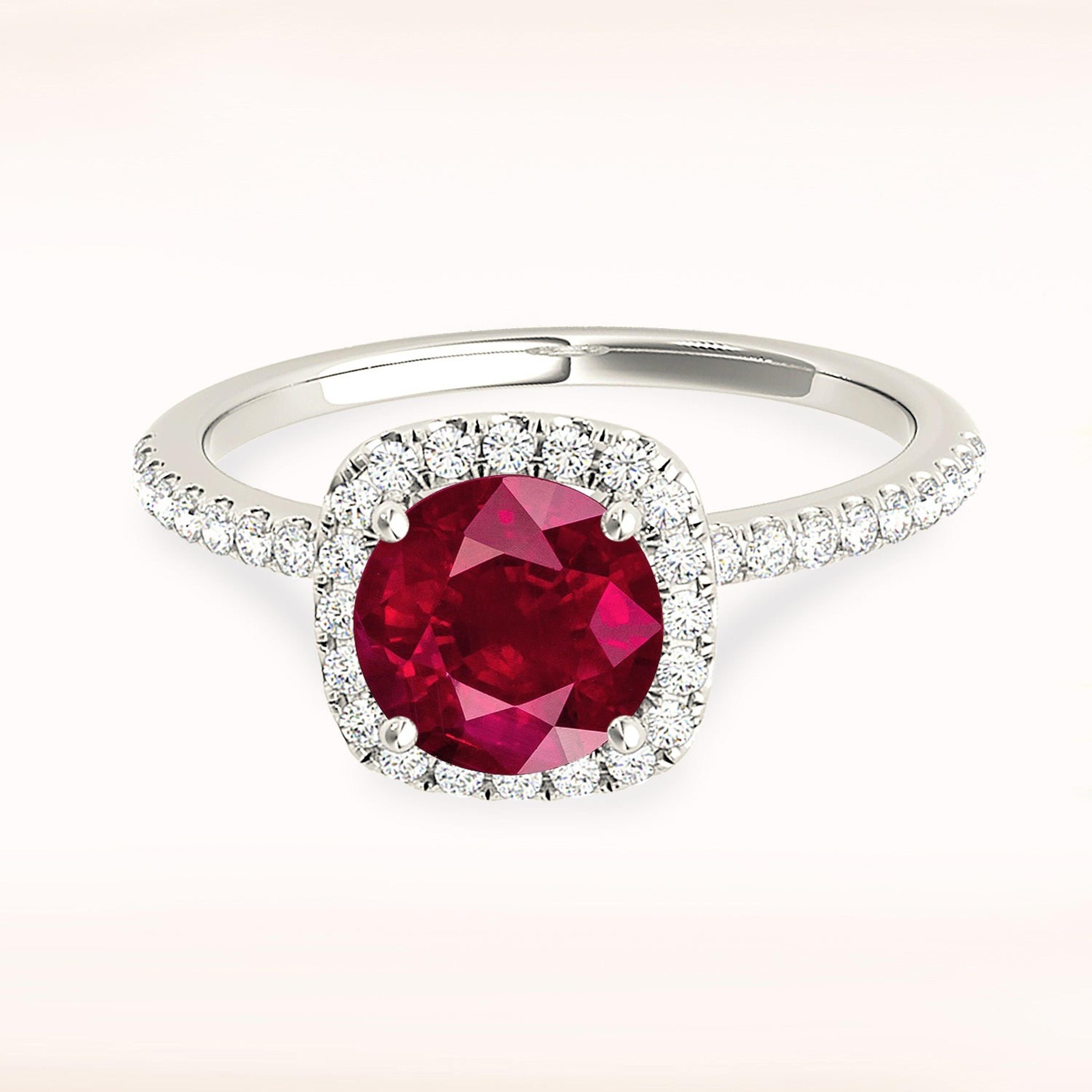 1.35 ct. Genuine Round Ruby Ring With Cushion Halo