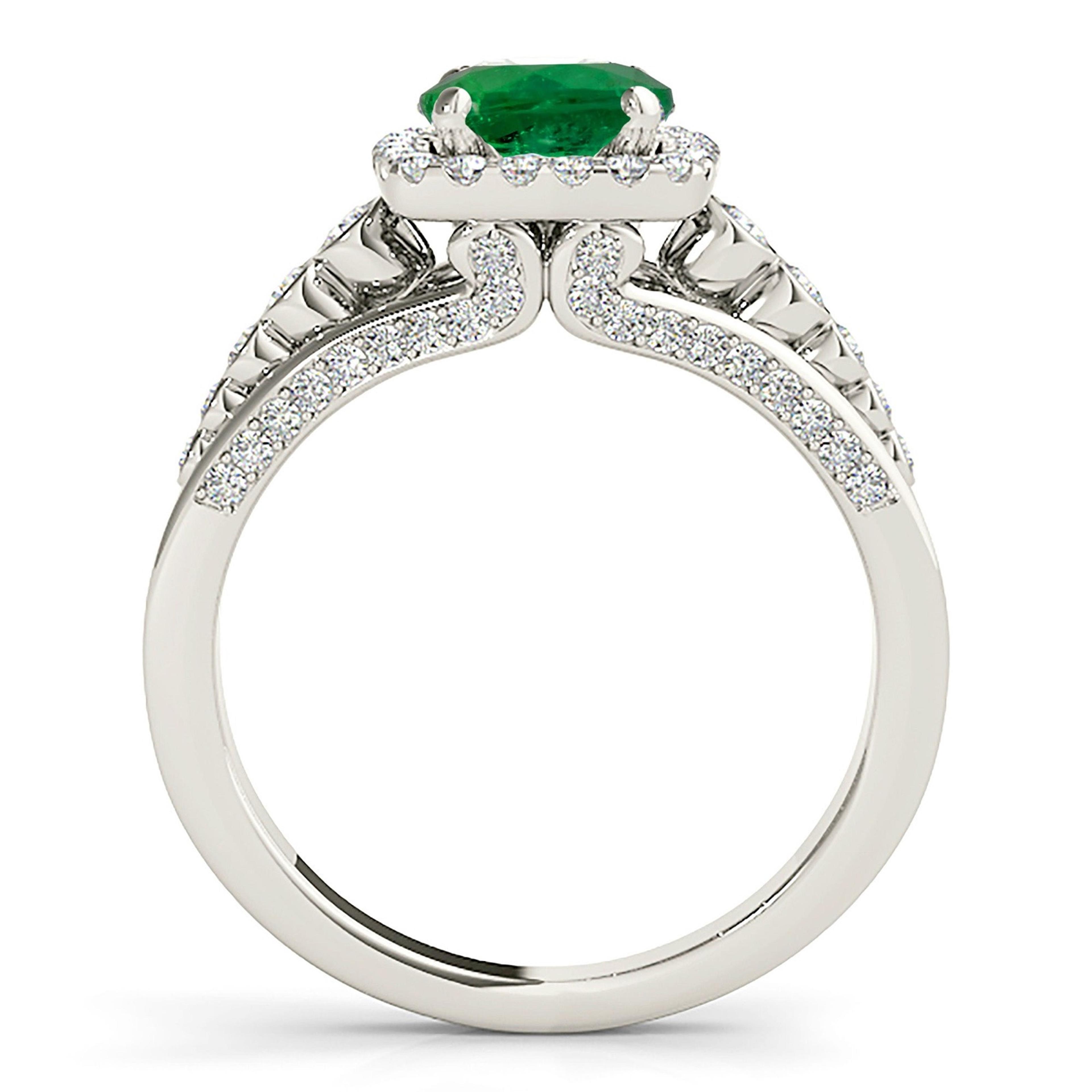 1.75 ct. Genuine Emerald Split Shank Halo Ring With 0.70 ctw. Pave and Bezel Set Side Diamonds-VIRABYANI