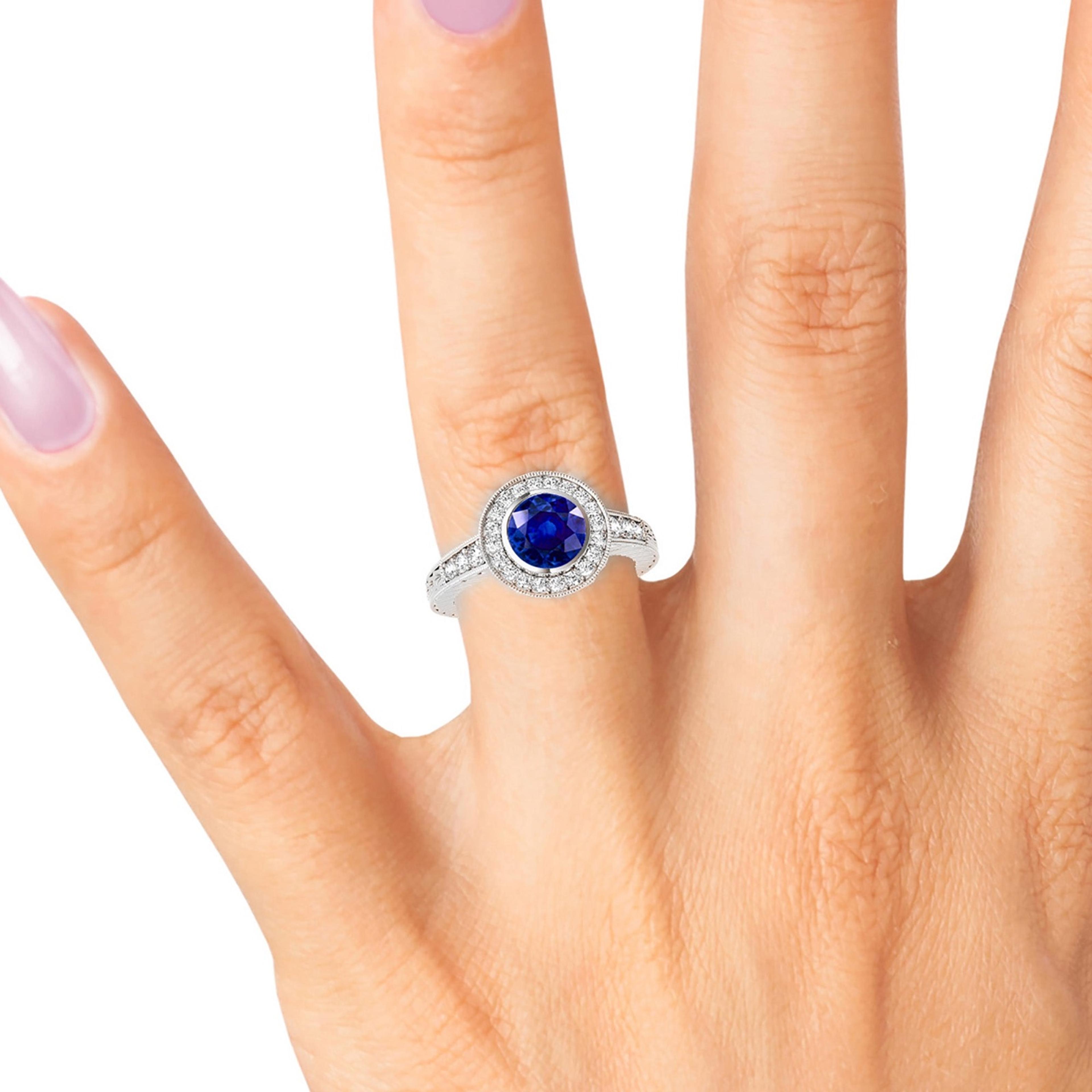 1.35 ct. Genuine Blue Sapphire Bezel Set Vintage Halo Ring with 0.34 ctw. Side Diamonds-VIRABYANI