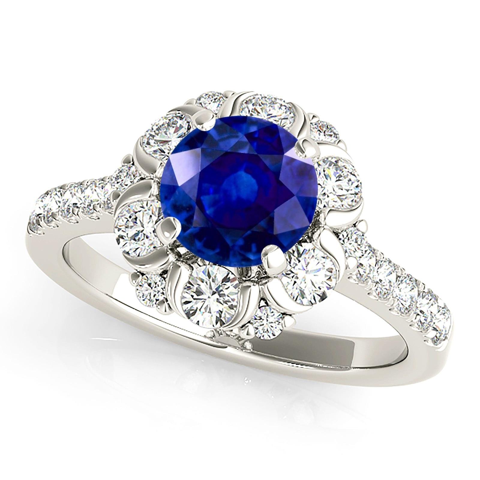 1.35 ct. Genuine Blue Sapphire Ring Floral Halo Style